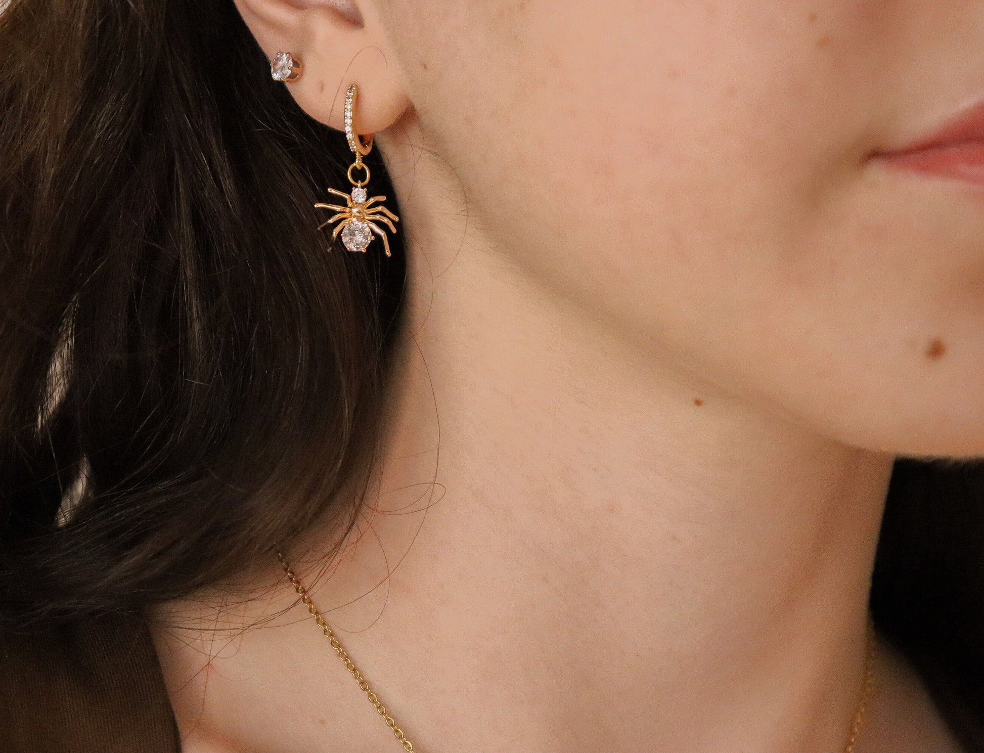 Gold Filled Spider Earrings, Spider Necklace With Adjustable Chains, Waterproof. Gift for her.