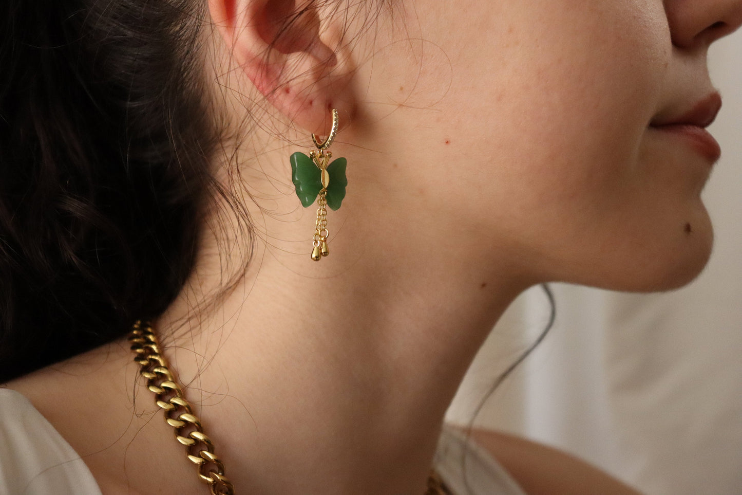 Gold Filled Butterfly Jade Earrings, WATERPROOF Jade Necklace, Gifts for Her.