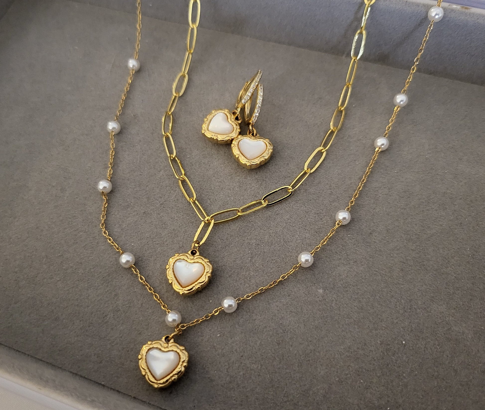 Gold Filled Mother of Pearl Heart Earrings , Love Necklace .