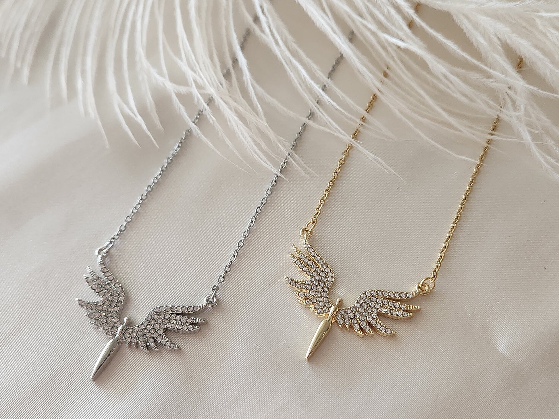 Gold Filled Angel Wings Necklace ,Protection Pave Necklace,WATERPROOF.