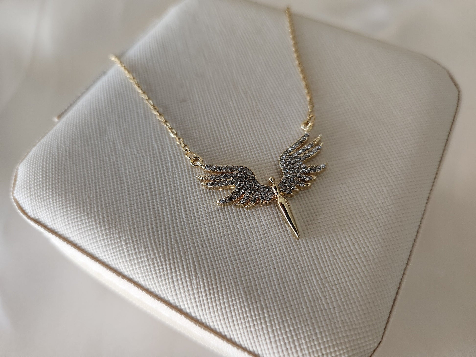 Gold Filled Angel Wings Necklace ,Protection Pave Necklace,WATERPROOF.