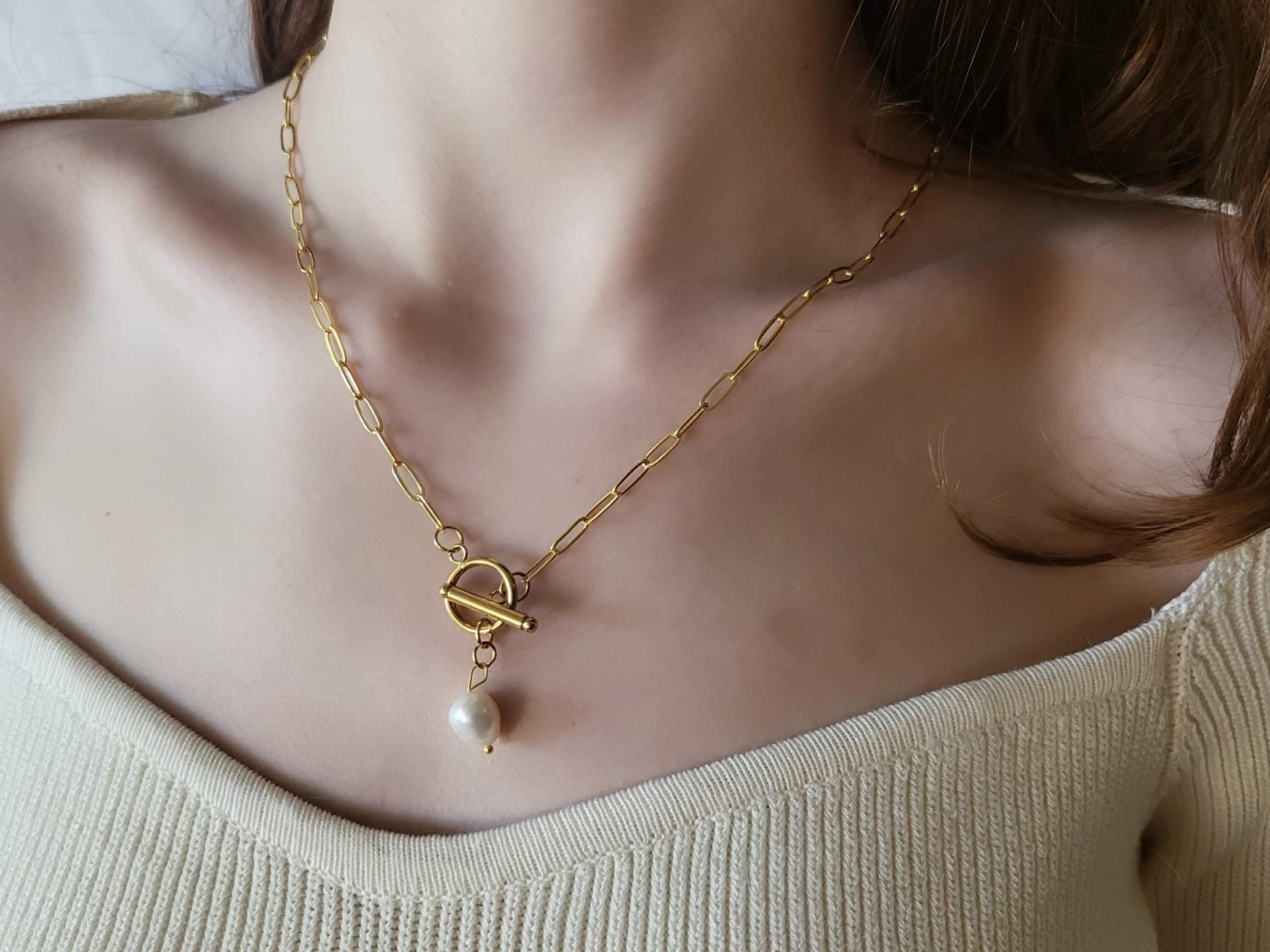 Gold Filled Non Tarnish Toggle Claps Paperclip Necklace, Freshwater pearl Pendant, WATERPROOF.