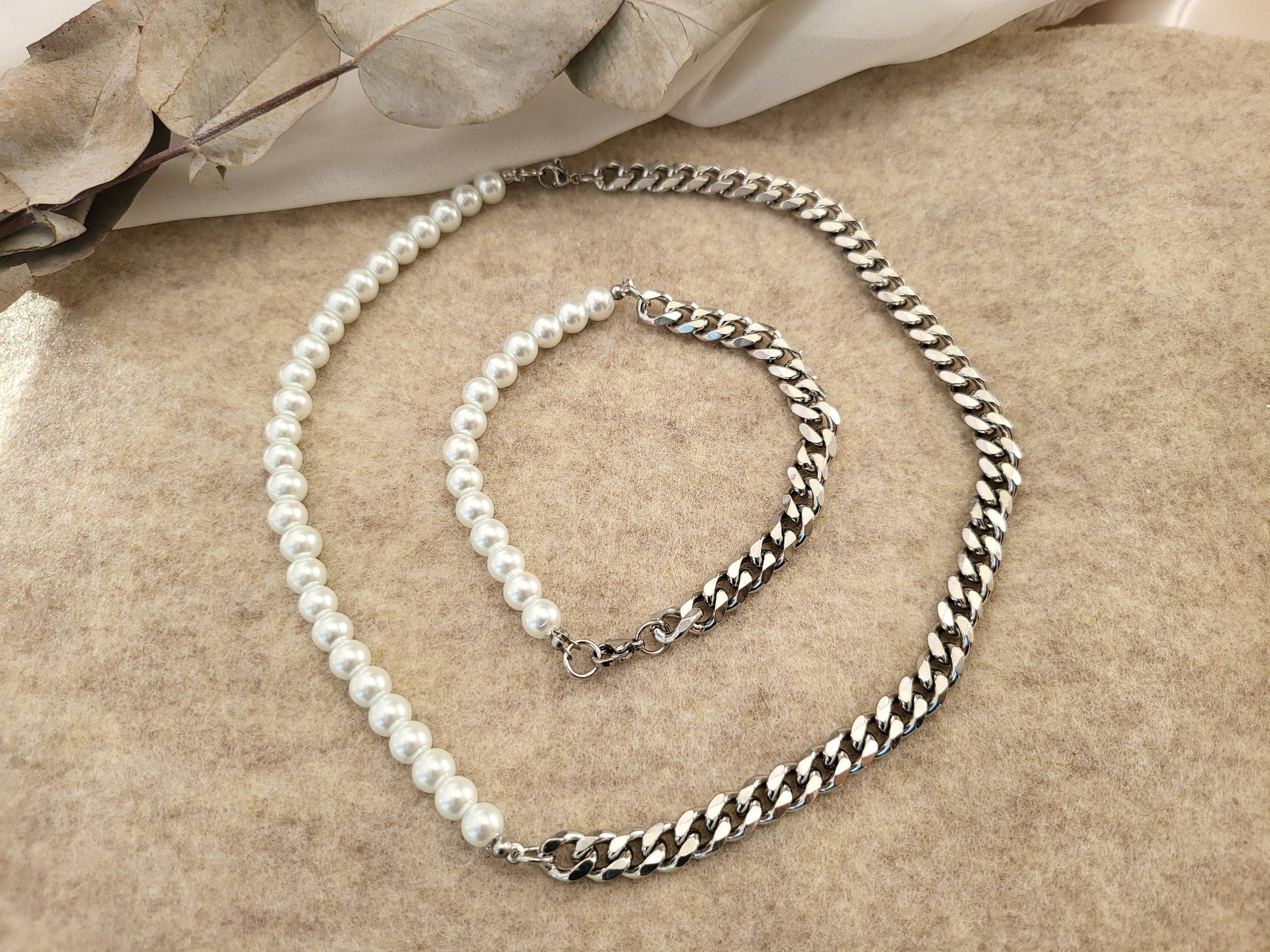 Silver Freshwater Real Pearl Necklace, Silver Cuban Bracelet, WATERPROOF, Wedding Necklace.