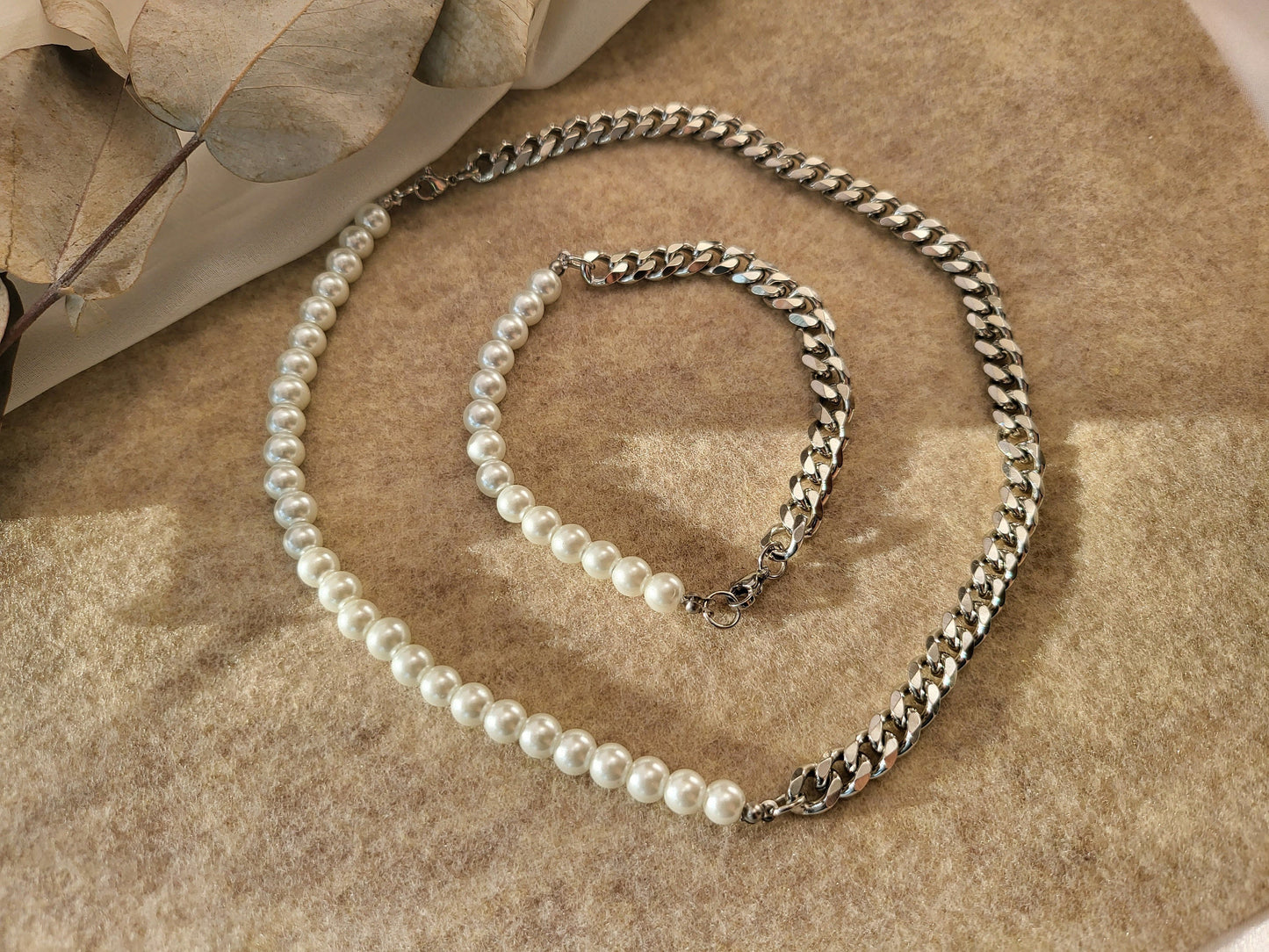 Silver Freshwater Real Pearl Necklace, Silver Cuban Bracelet, WATERPROOF, Wedding Necklace.