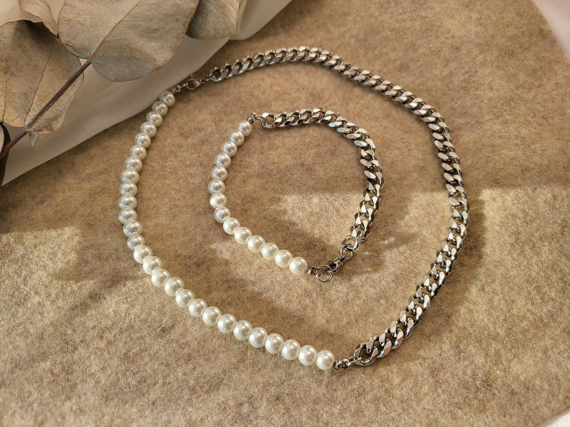 Silver Freshwater Real Pearl Necklace, Silver Cuban Bracelet, WATERPROOF, Wedding Necklace.