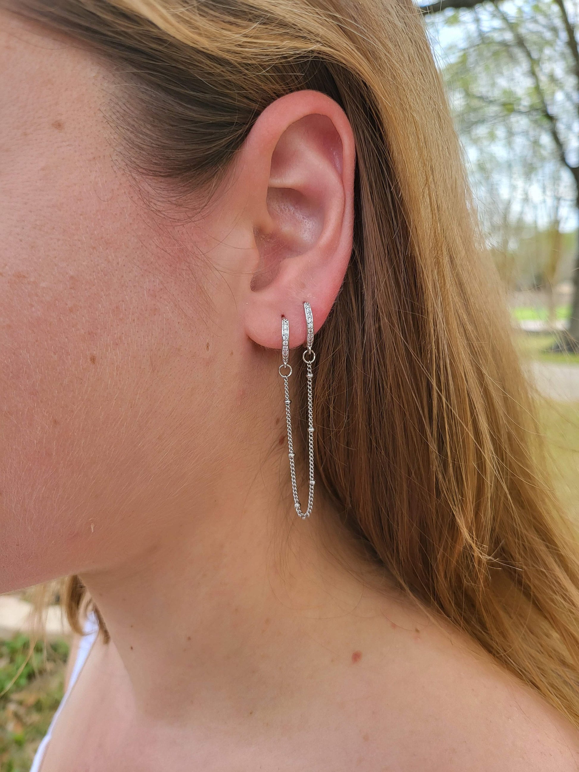 Gold FILLED- Silver Chain Earrings , Double Piercing Earrings , Connected Earrings , WATERPROOF ,Pair Connected Hoops .