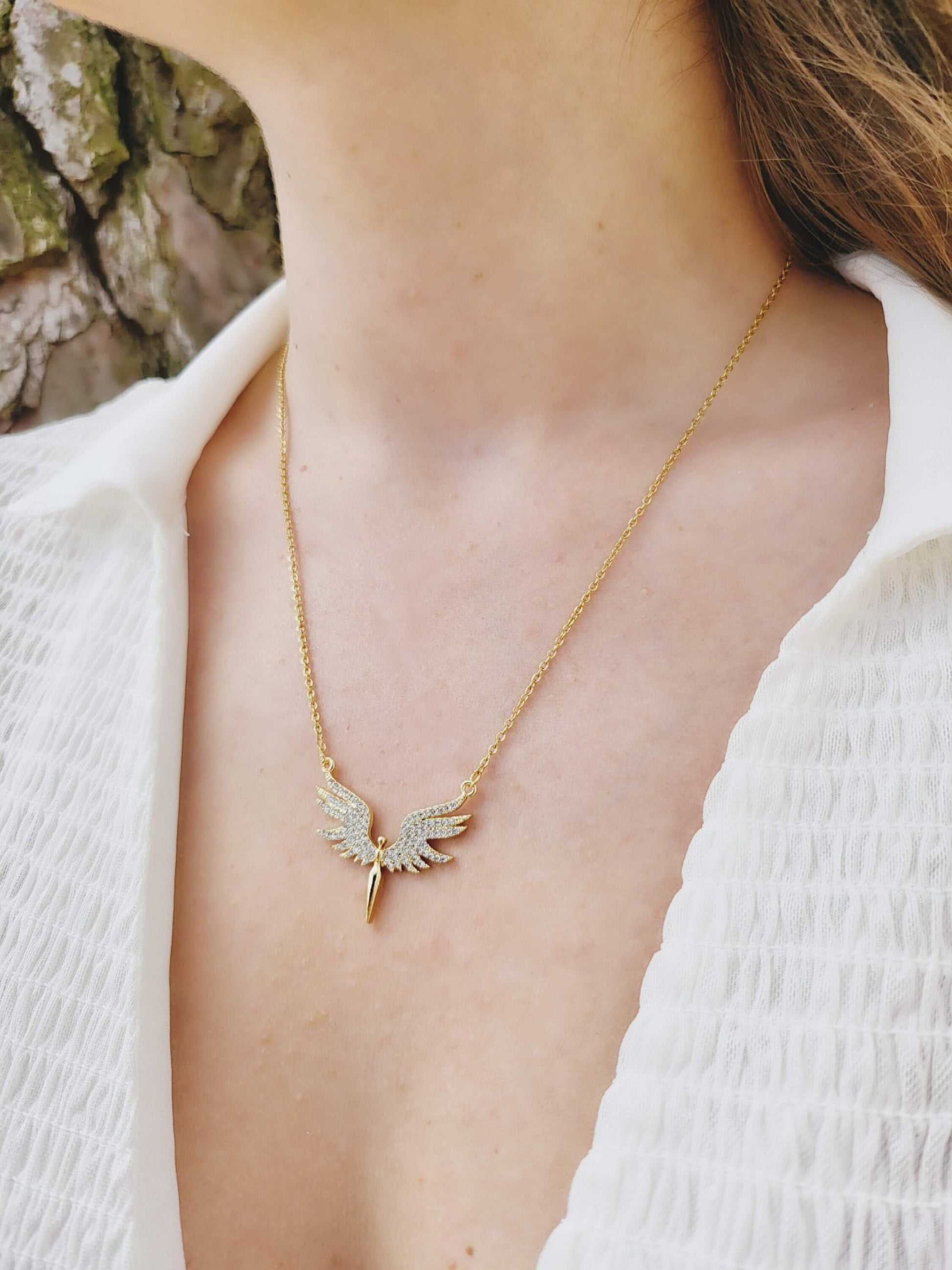 Gold Filled Angel Wings Necklace ,Protection Pave Necklace,WATERPROOF.