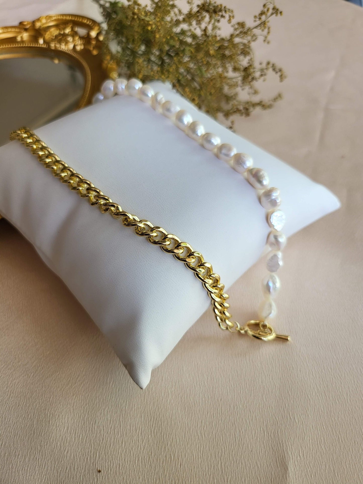 Gold Freshwater Real Pearl Necklace, Toggle Claps, WATERPROOF, Wedding Necklace.