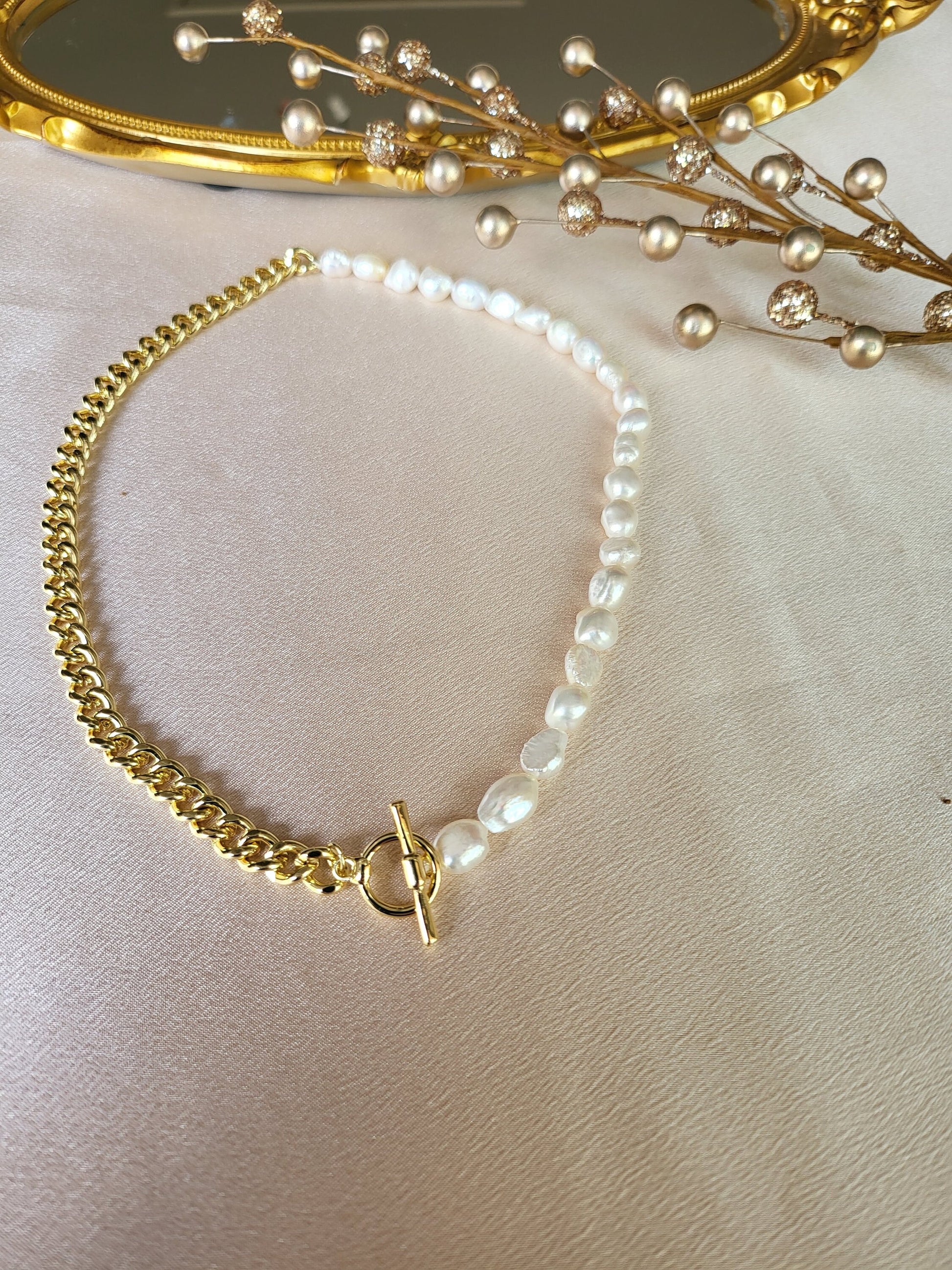 Gold Freshwater Real Pearl Necklace, Toggle Claps, WATERPROOF, Wedding Necklace.