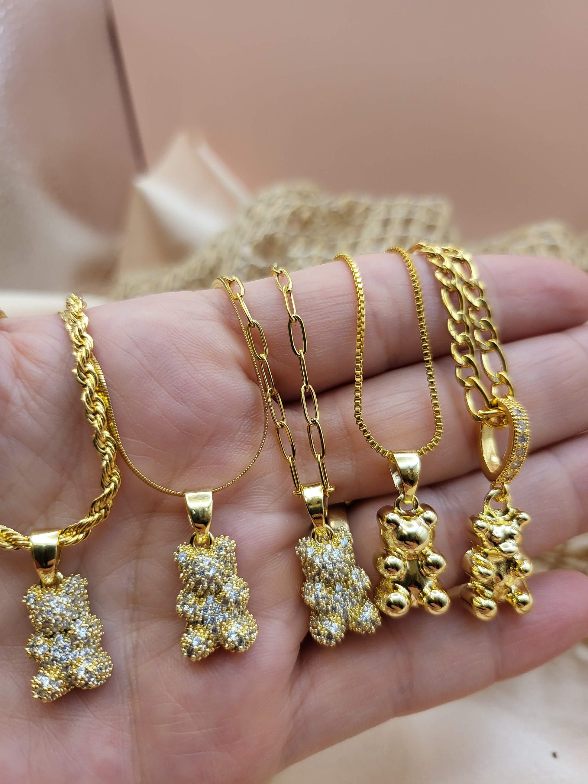 Gold Filled Bear Necklace, WATERPROOF Adjustable Chains, Gift For Her.