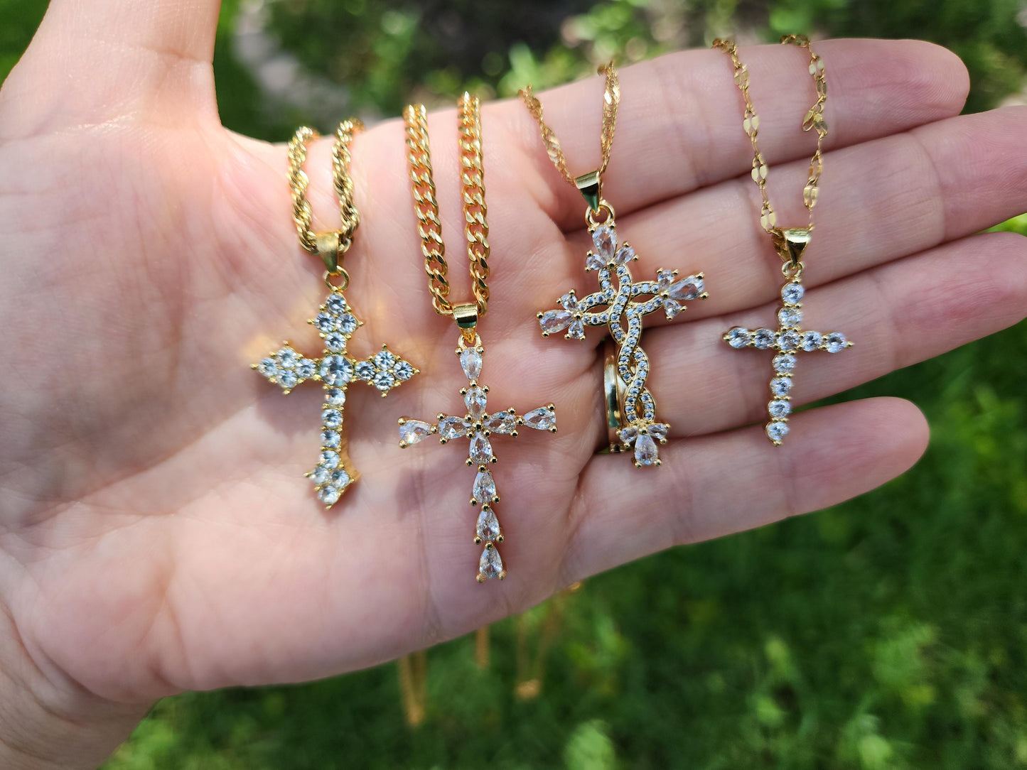 Gold Filled Genuine Diamond Cross, Diamond Cross Necklace, Diamond Cross Pendant Dainty, Green Jade Cross, WATERPROOF Adjustable Chains.