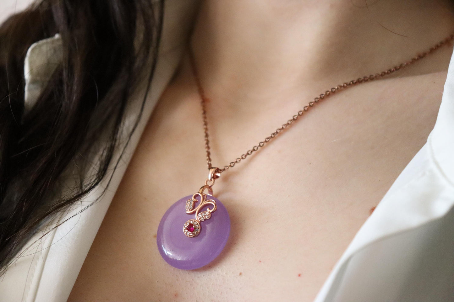 Rose Gold Purple Jade Necklace, Gemstone Necklace, Gift For Her .