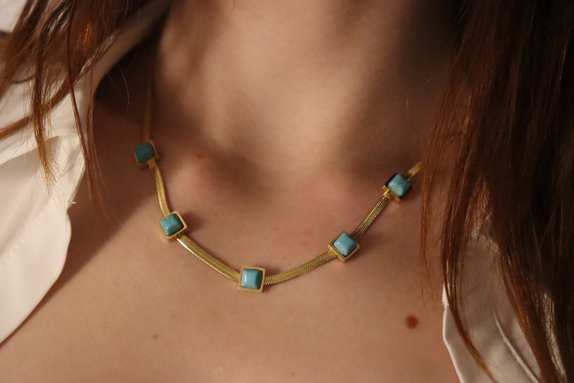 Gold Filled Turquoise Snake Chain Necklace, Gemstone Pendant Necklace, WATERPROOF.