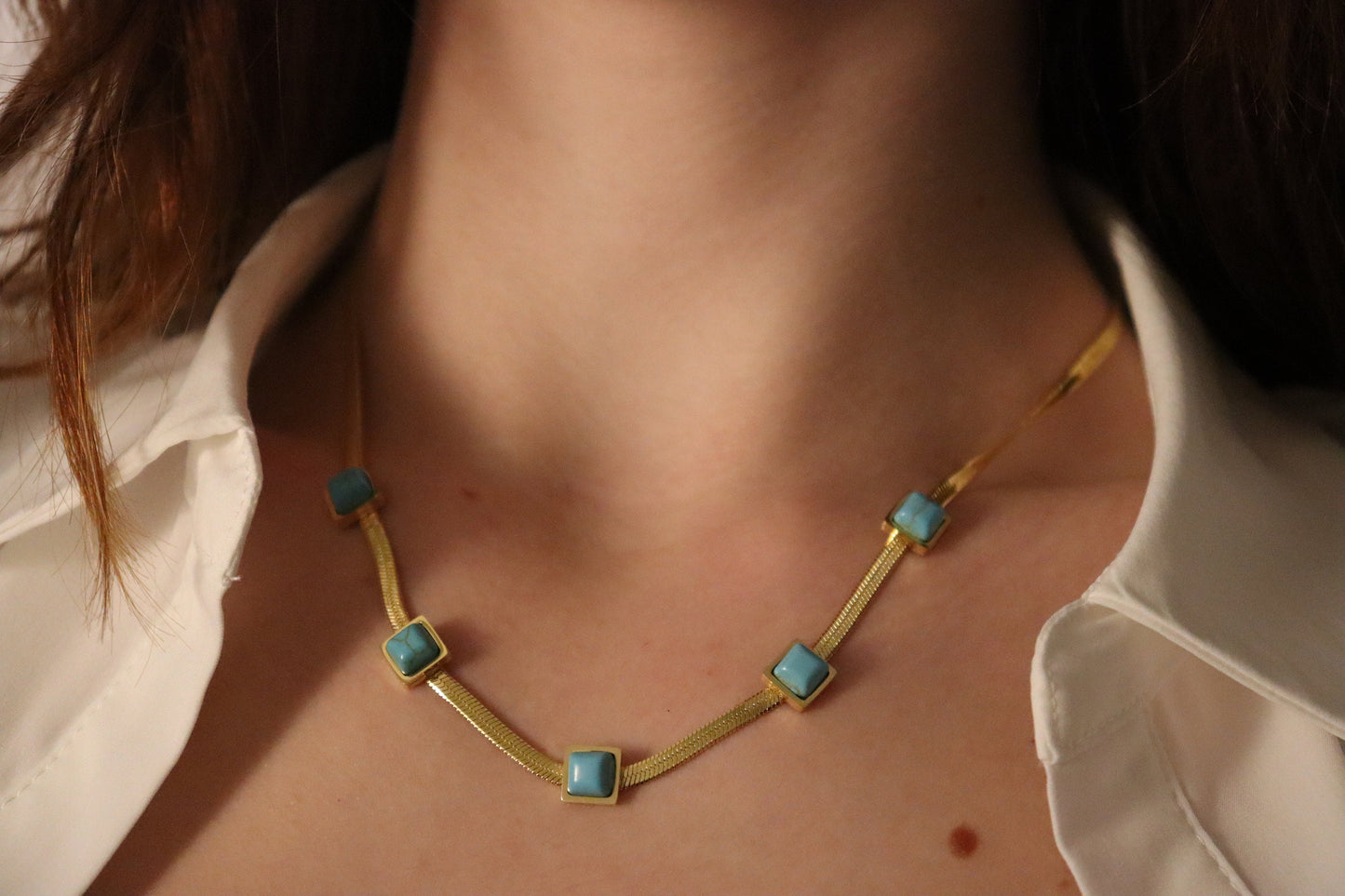 Gold Filled Turquoise Snake Chain Necklace, Gemstone Pendant Necklace, WATERPROOF.