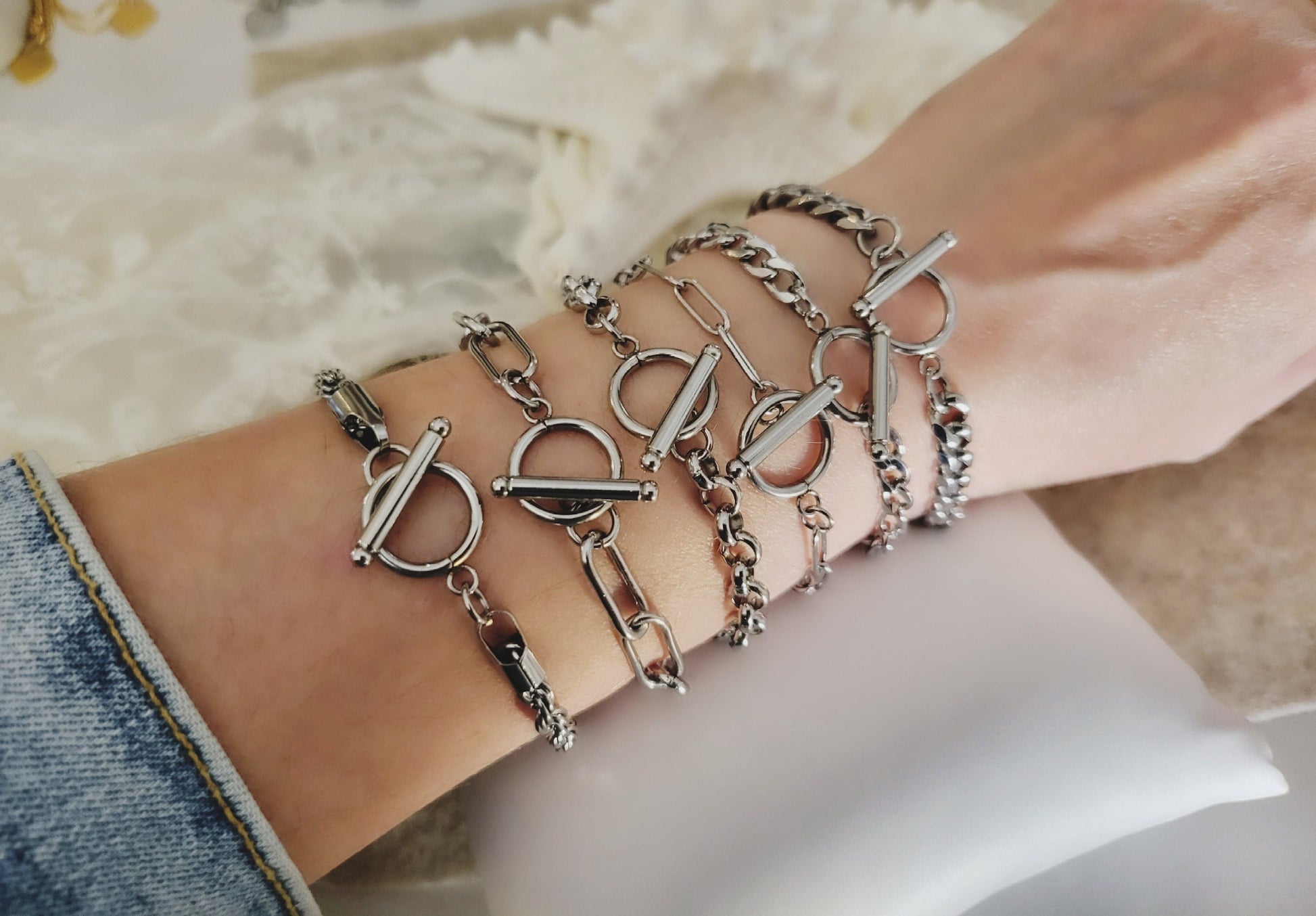 Silver Non Tarnish Toggle Claps Chain Necklace ,Chunky Bracelet, WATERPROOF.