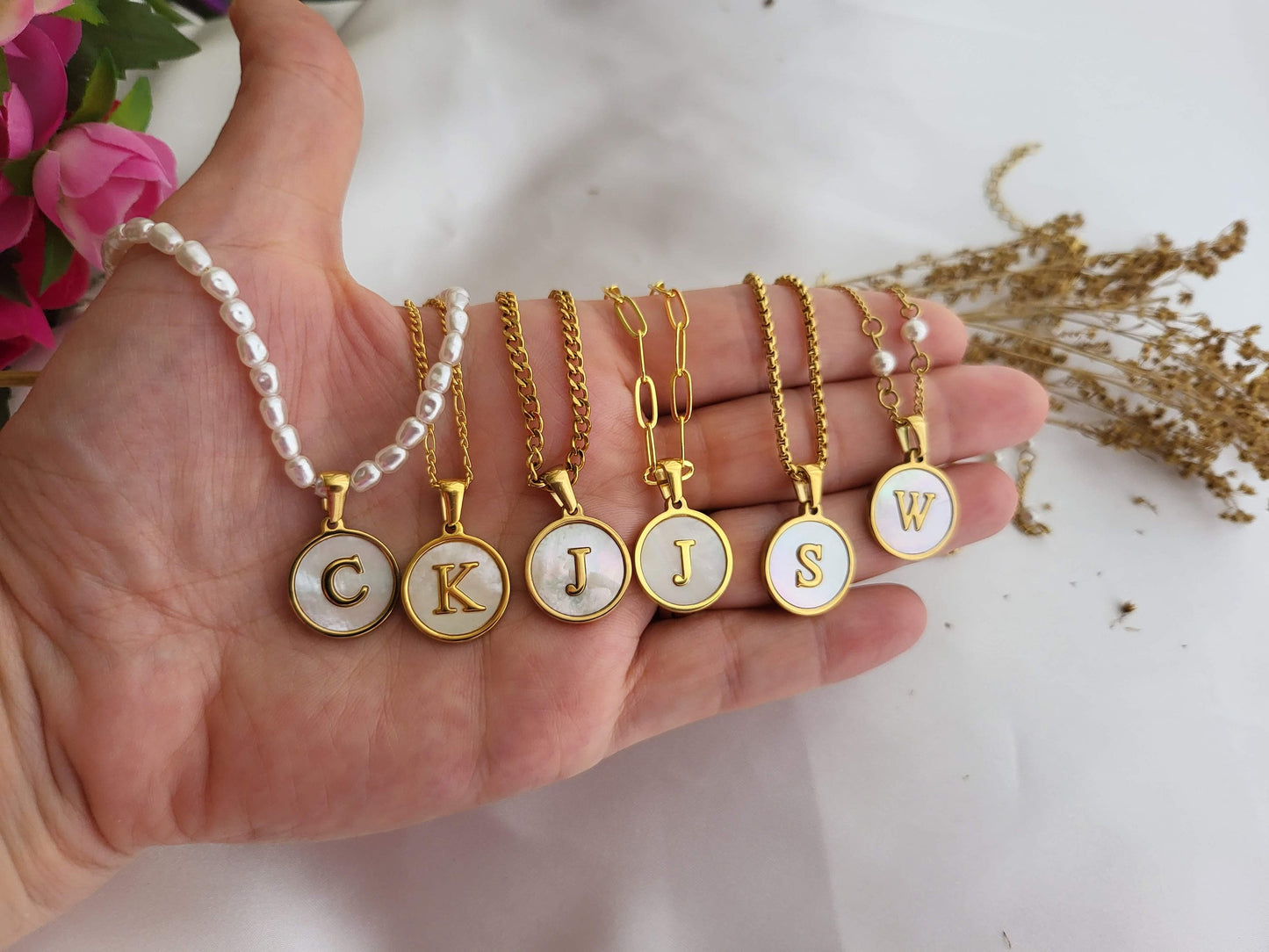 Gold Filled Mother of Pearl Round Initial Name Necklace, Birthday Gift.