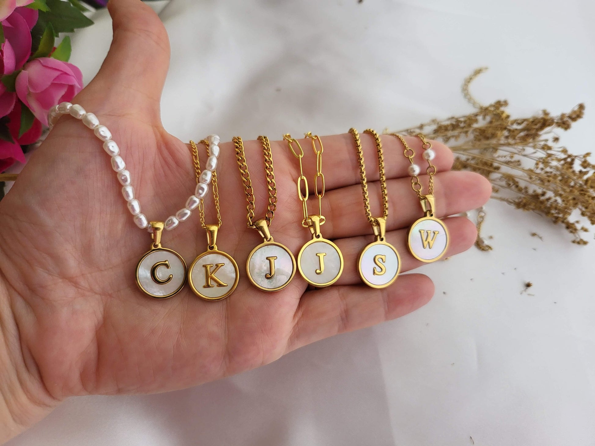 Gold Filled Mother of Pearl Round Initial Name Necklace, Birthday Gift.