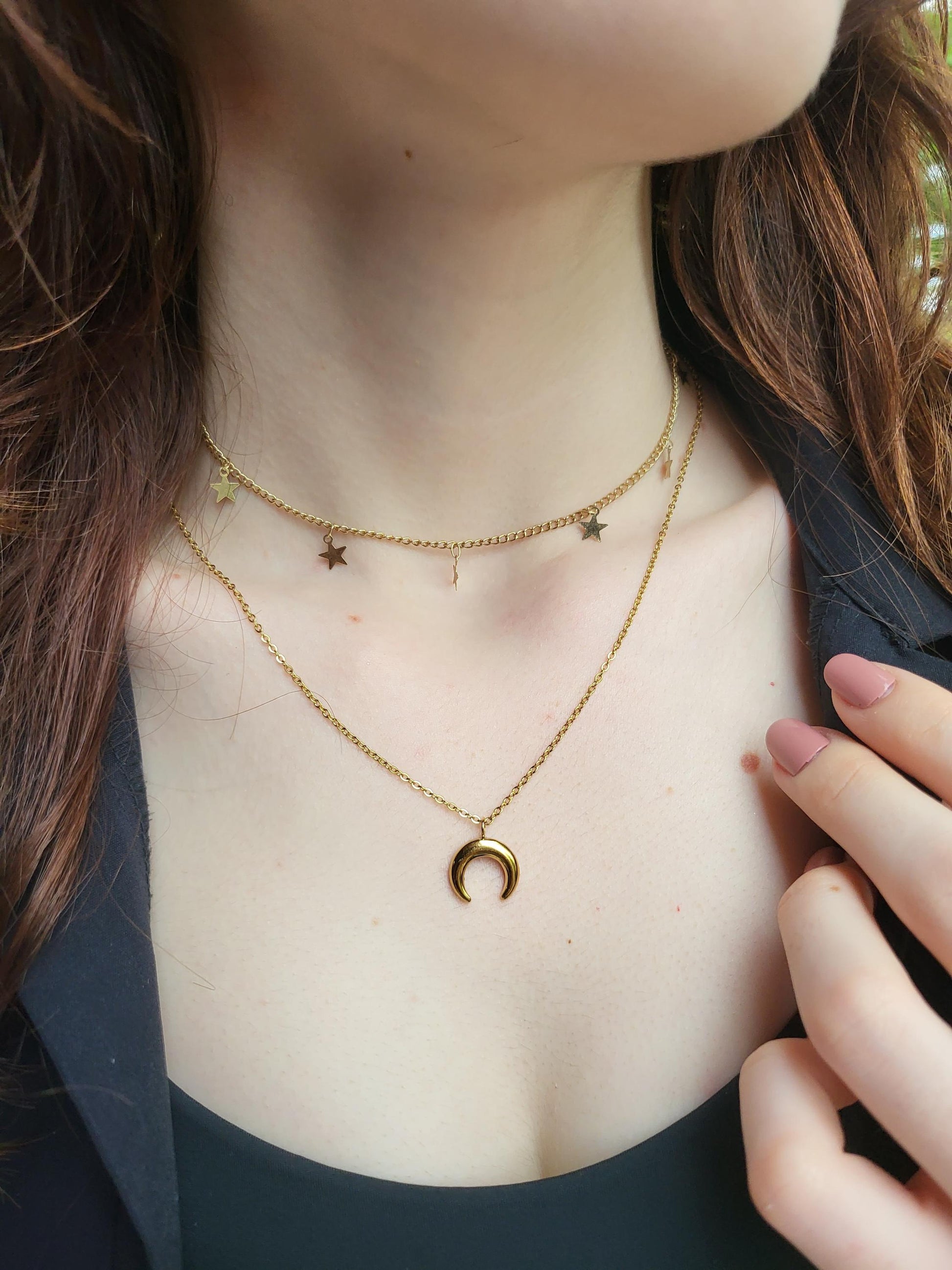 Gold Filled Star Bead ,Bar ,Half Moon Necklace, Layered Necklace, WATERPROOF, Gift For Her.