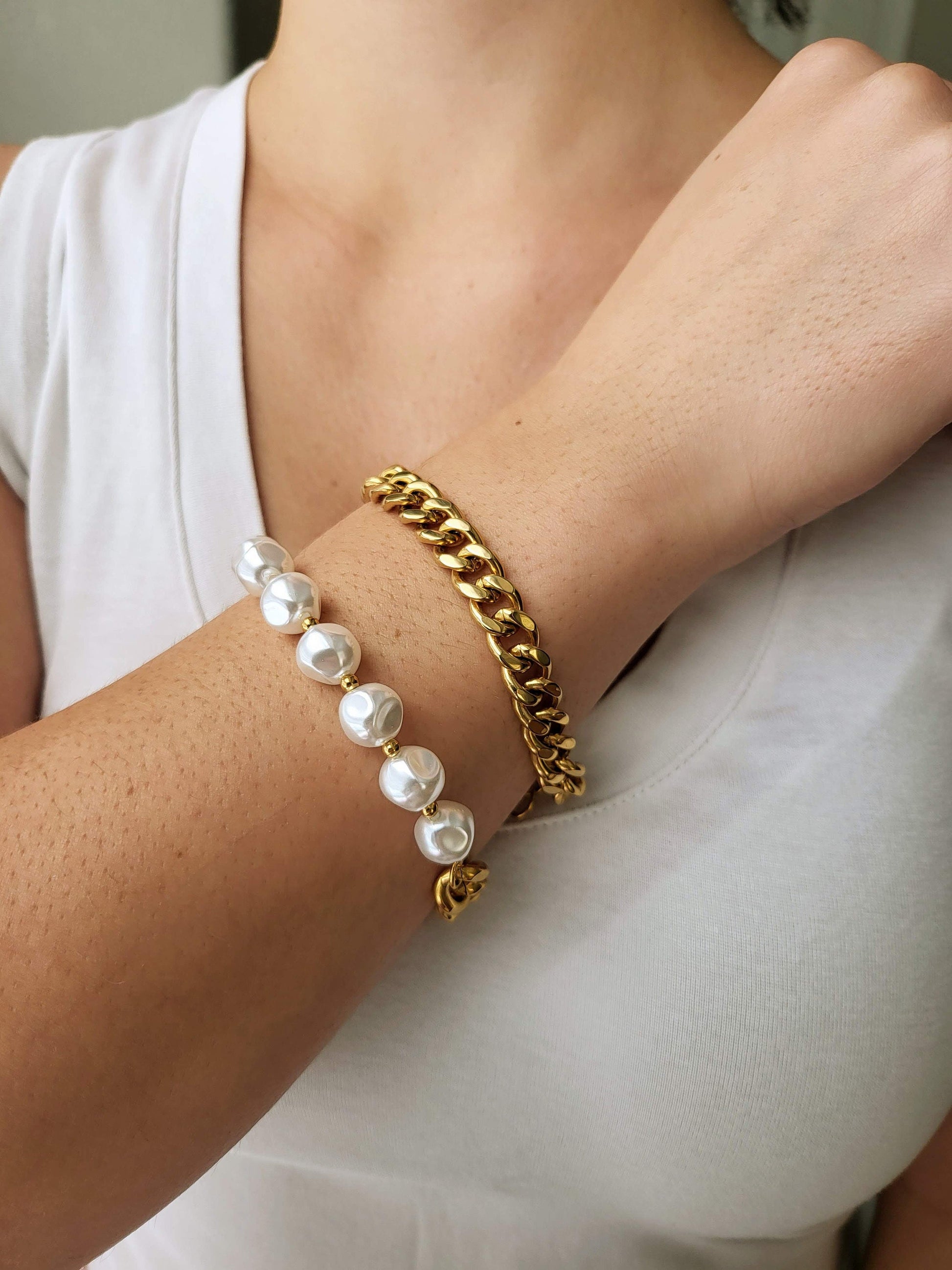 Gold Filled Pearl Toggle Bracelet, Non Tarnish Bracelet, WATERPROOF.