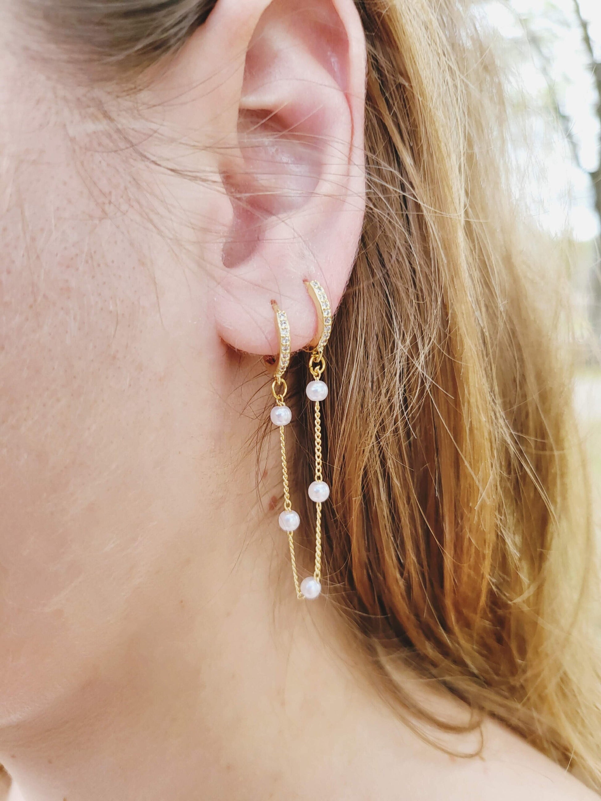 Gold FILLED- Silver Chain Earrings , Double Piercing Earrings , Connected Earrings , WATERPROOF ,Pair Connected Hoops .