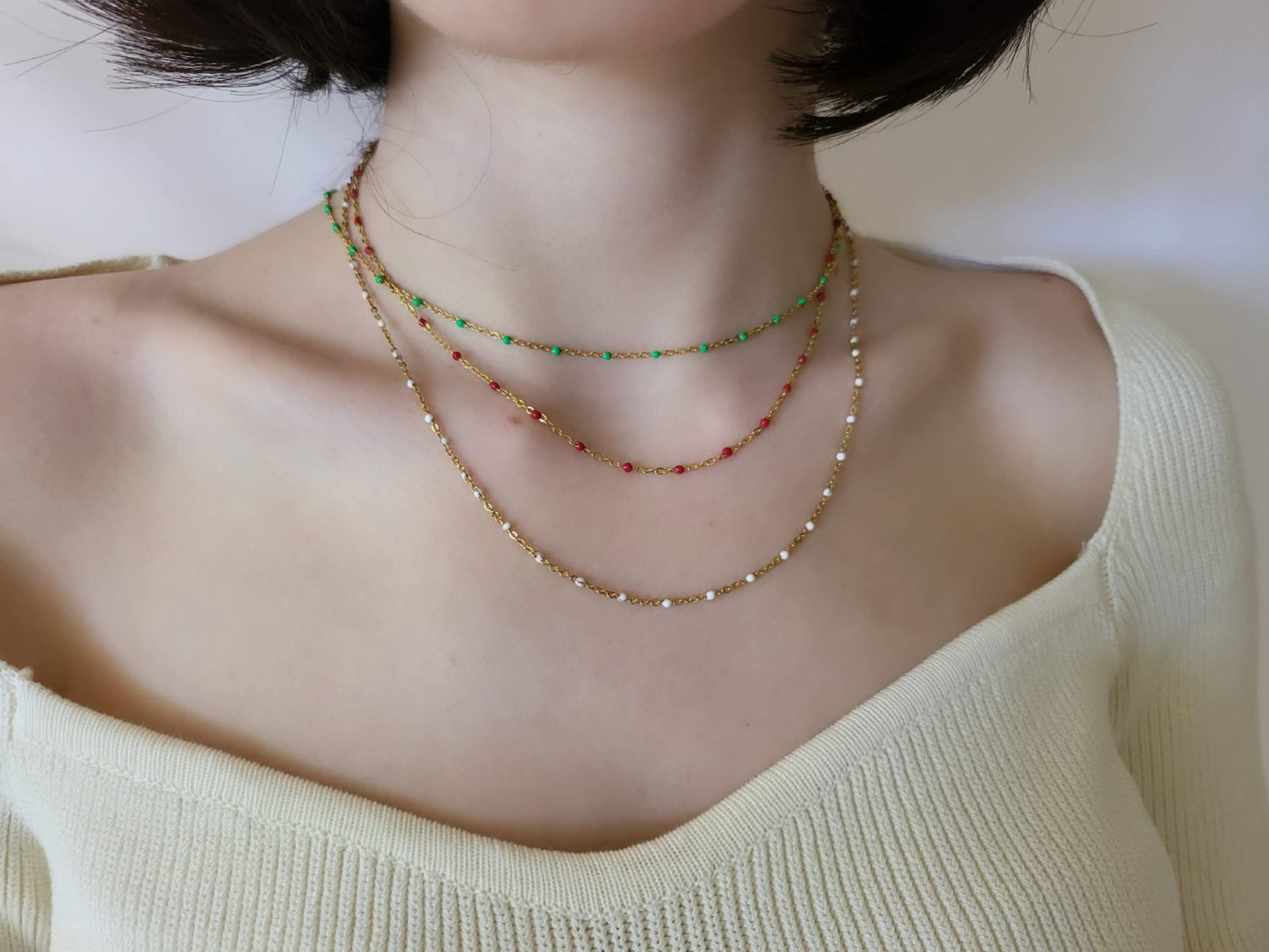 Gold Filled Colorful Beaded Necklaces, Red, White , Green Beaded ,Waterproof, Gift For Her.