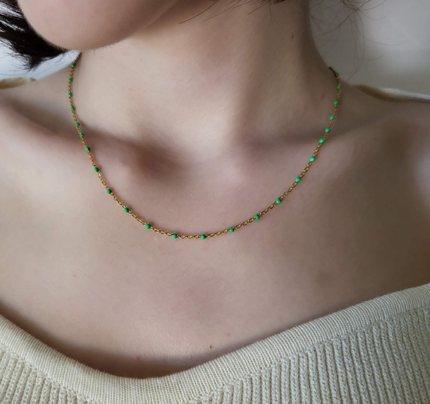 Gold Filled Colorful Beaded Necklaces, Red, White , Green Beaded ,Waterproof, Gift For Her.