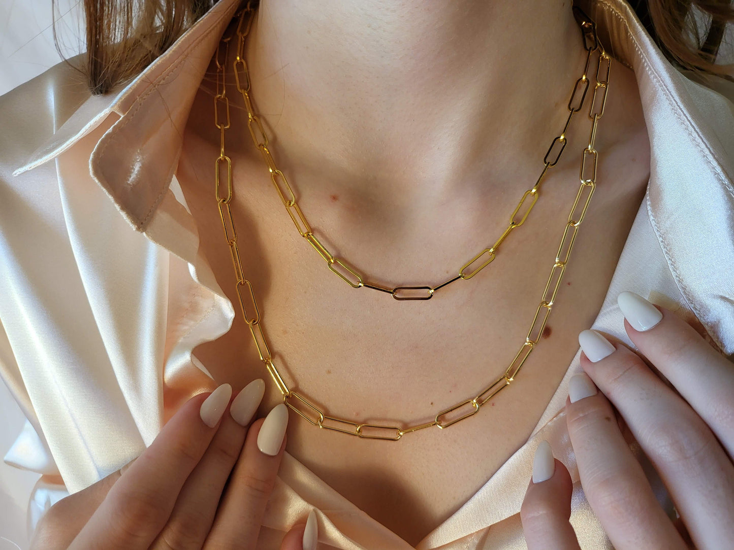 Gold Filled Non Tarnish Unisex Big and Tiny Paperclip Chain Necklace, WATERPROOF Bracelet.