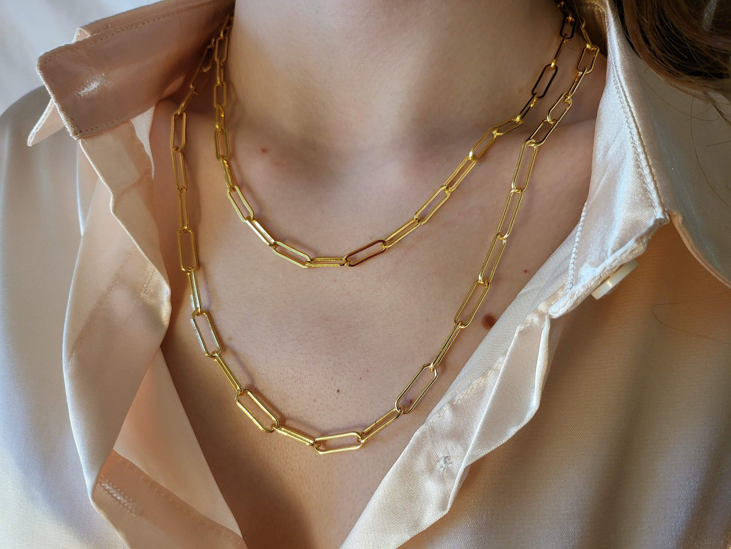 Gold Filled Non Tarnish Unisex Big and Tiny Paperclip Chain Necklace, WATERPROOF Bracelet.