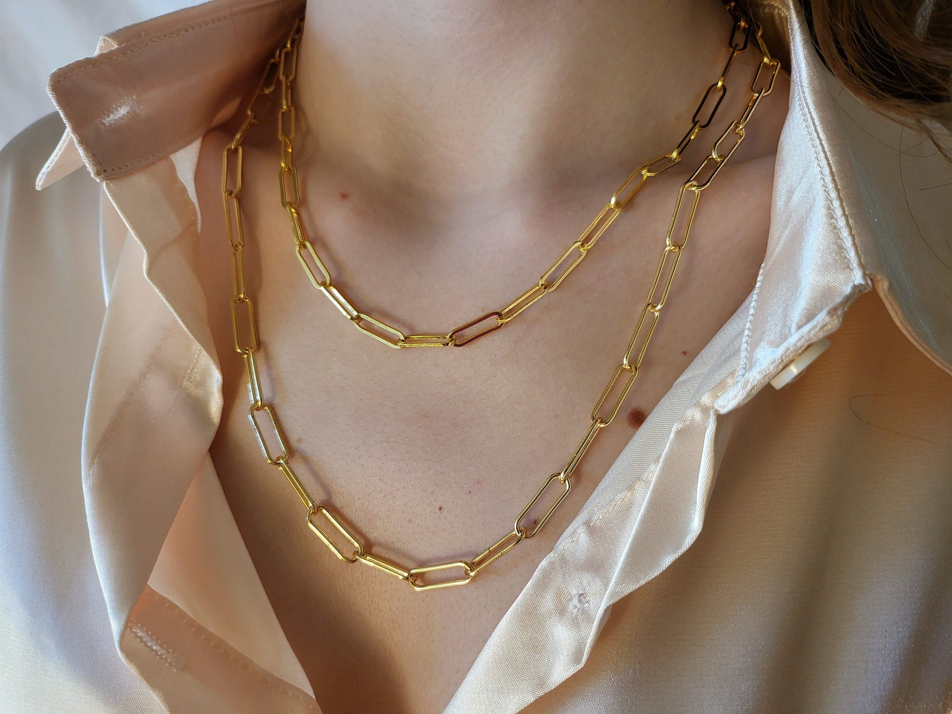 Gold Filled Non Tarnish Unisex Big and Tiny Paperclip Chain Necklace, WATERPROOF Bracelet.