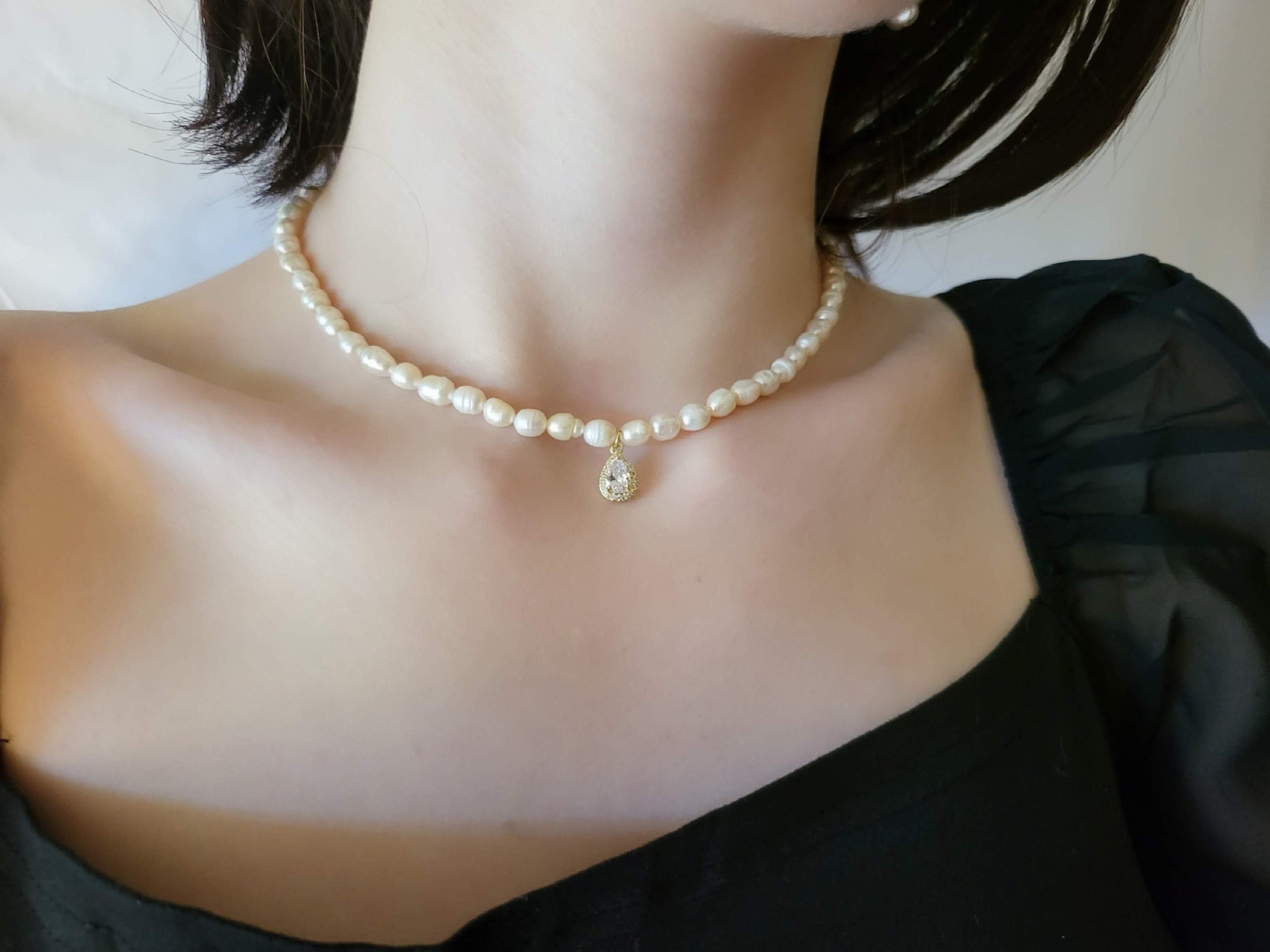 Gold Filled Freshwater Pearl Necklace, Heart , Rectangle , Round, Drop Pendant . Waterproof.