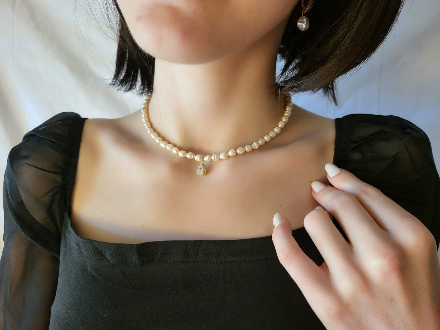 Gold Filled Freshwater Pearl Necklace, Heart , Rectangle , Round, Drop Pendant . Waterproof.