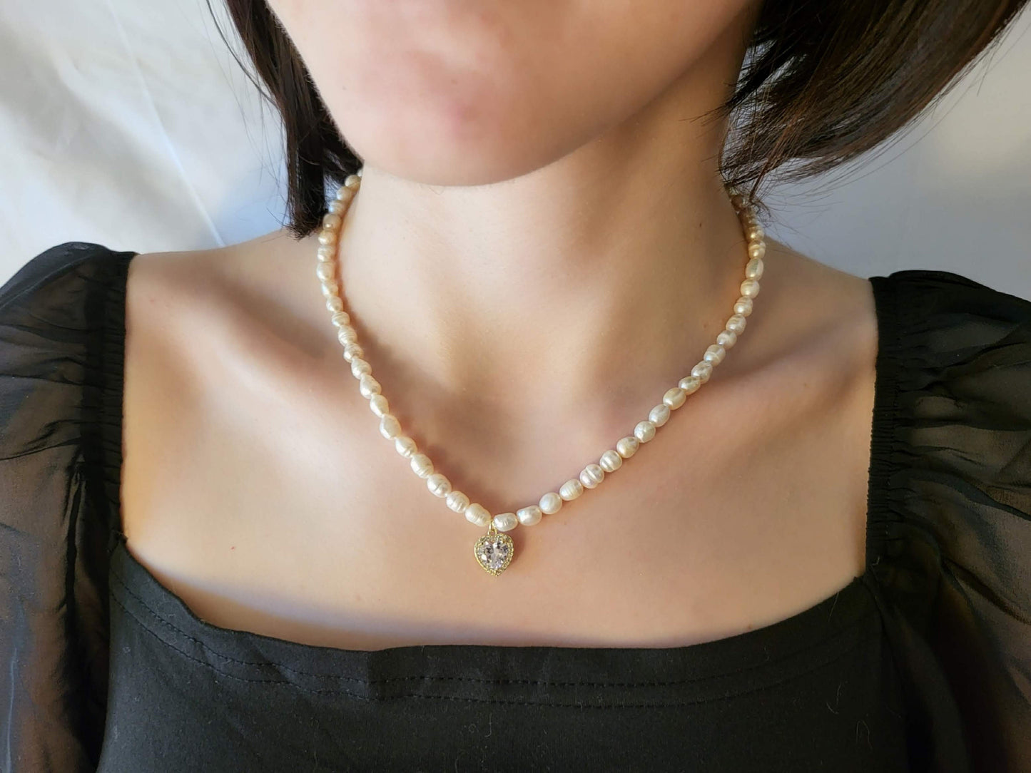 Gold Filled Freshwater Pearl Necklace, Heart , Rectangle , Round, Drop Pendant . Waterproof.