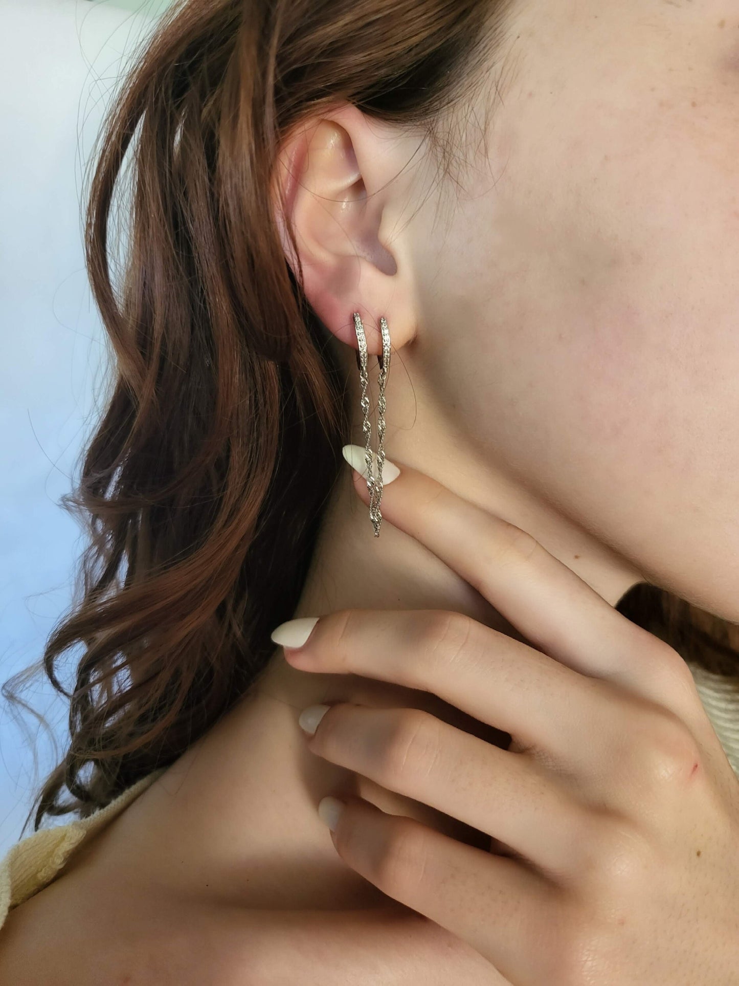 Gold FILLED- Silver Chain Earrings , Double Piercing Earrings , Connected Earrings , WATERPROOF ,Pair Connected Hoops .