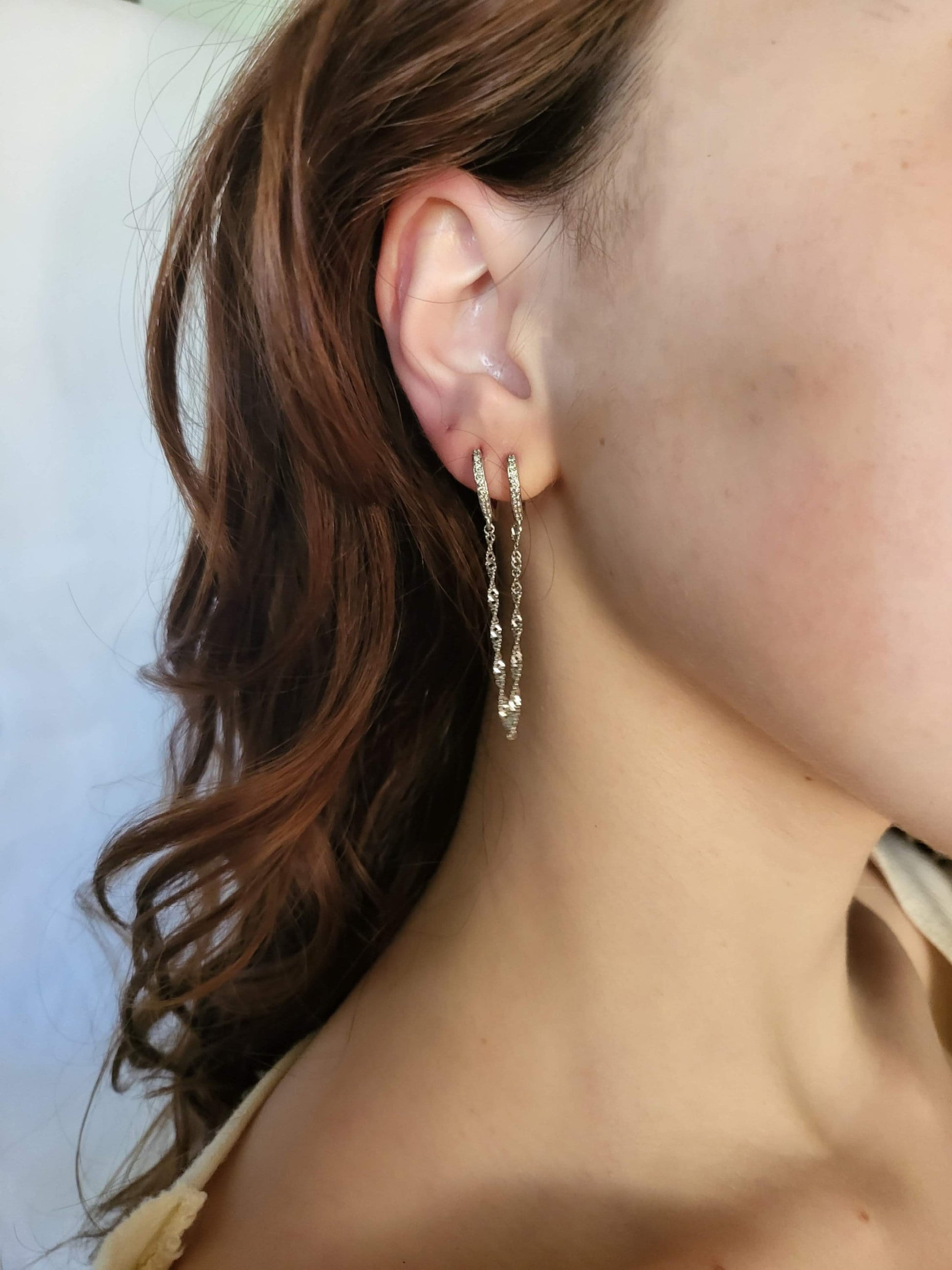 Gold FILLED- Silver Chain Earrings , Double Piercing Earrings , Connected Earrings , WATERPROOF ,Pair Connected Hoops .