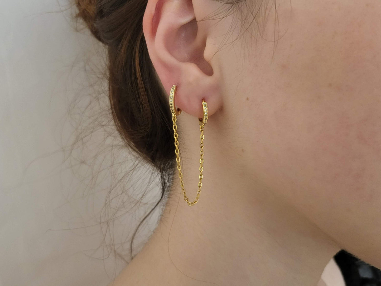 Gold FILLED- Silver Chain Earrings , Double Piercing Earrings , Connected Earrings , WATERPROOF ,Pair Connected Hoops .