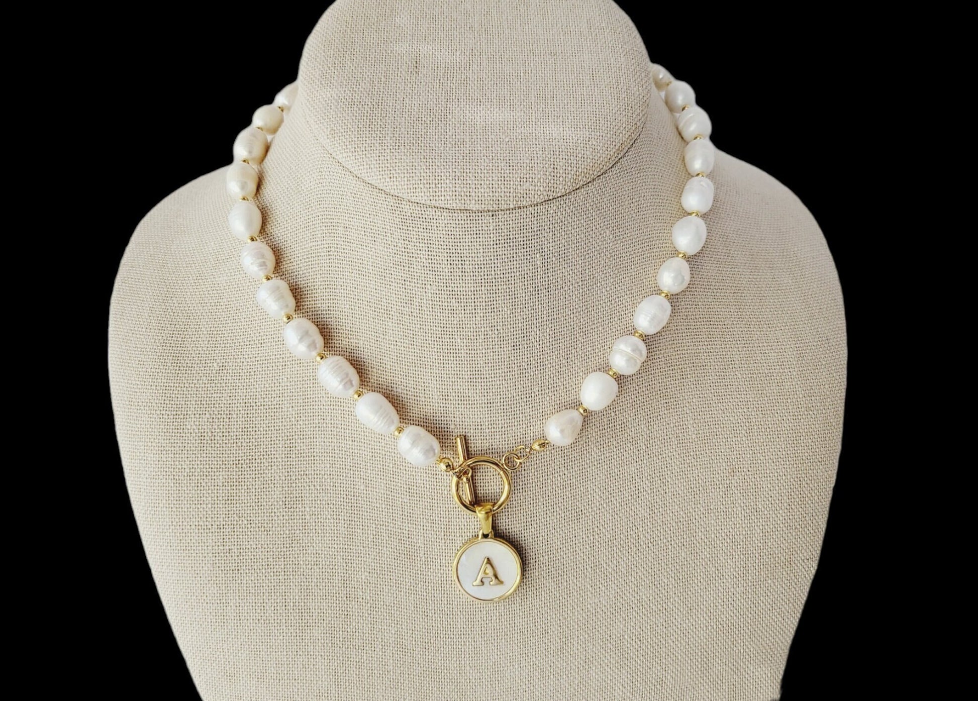 Gold Filled Real Freshwater Pearl Necklace ,Round initial , Square initial, Toggle claps.