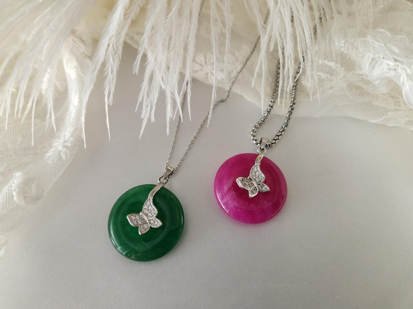 Gold Filled -Silver Green Pink Jade Necklace, Good Luck Pendant, WATERPROOF Adjustable Chains.