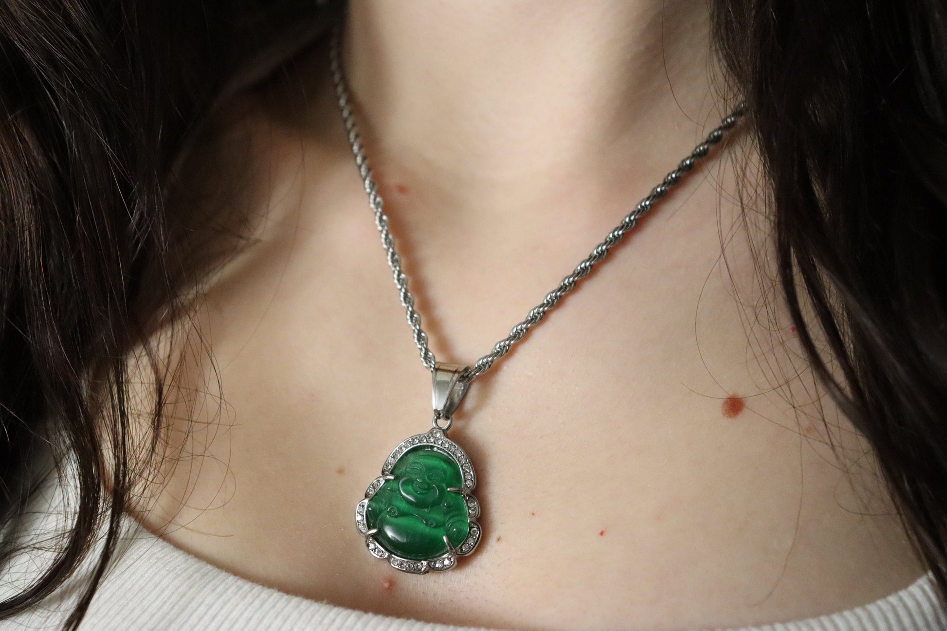 Silver Jade Buddha Necklace, WATERPROOF Adjustable Chains.