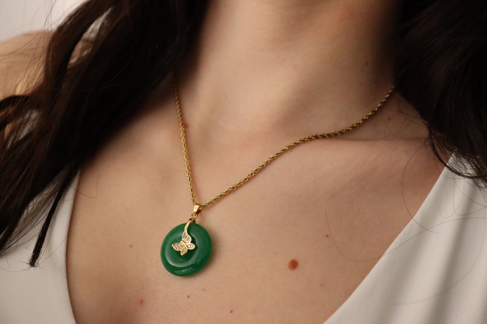 Gold Filled -Silver Green Pink Jade Necklace, Good Luck Pendant, WATERPROOF Adjustable Chains.