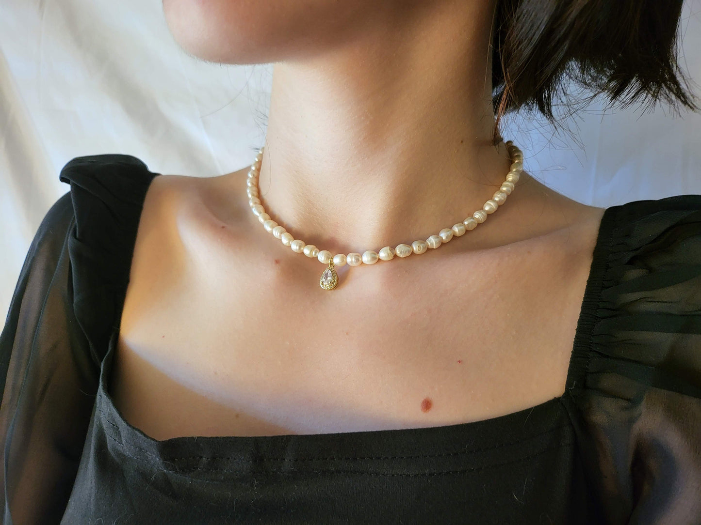 Gold Filled Freshwater Pearl Necklace, Heart , Rectangle , Round, Drop Pendant . Waterproof.