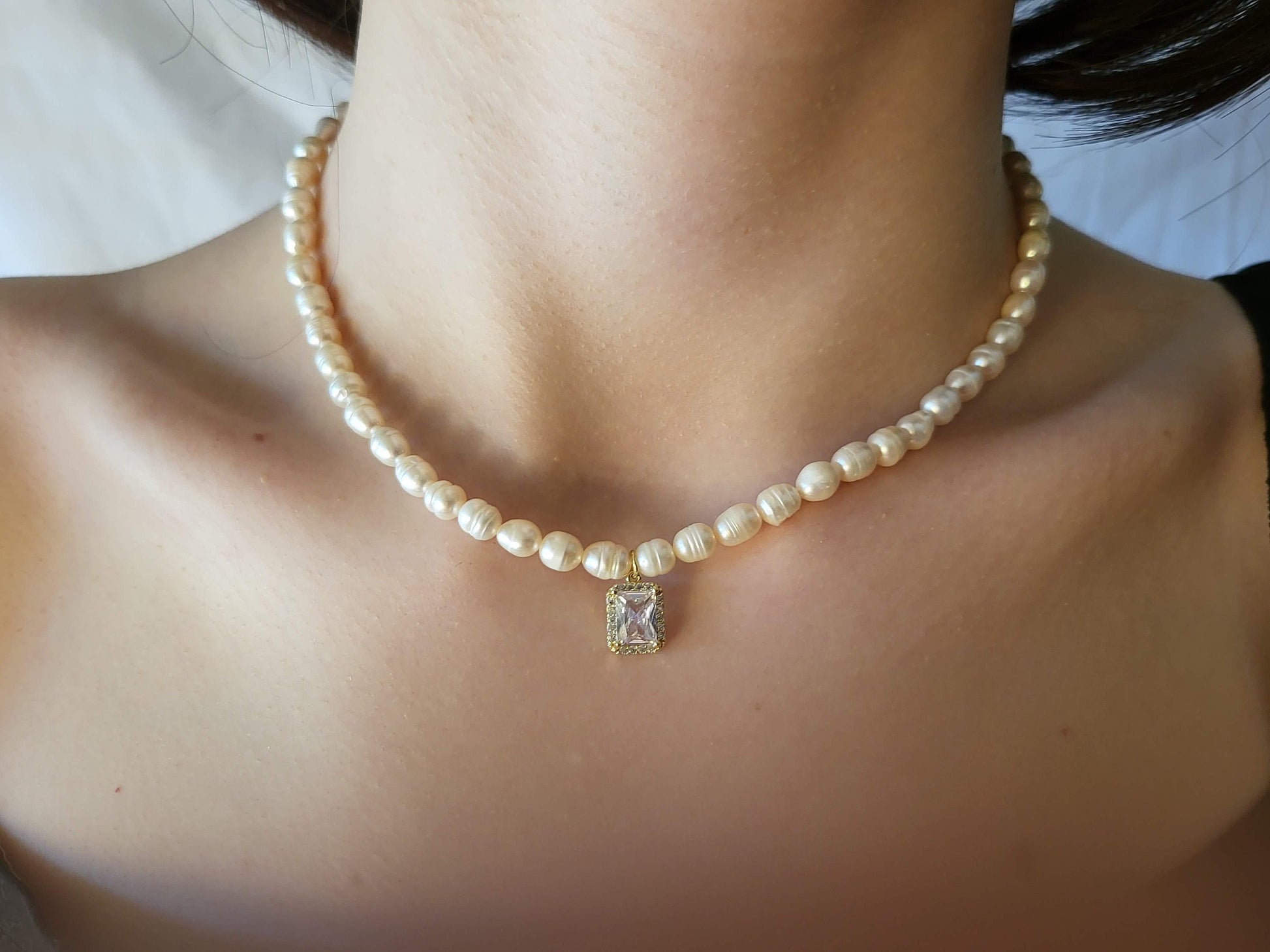 Gold Filled Freshwater Pearl Necklace, Heart , Rectangle , Round, Drop Pendant . Waterproof.