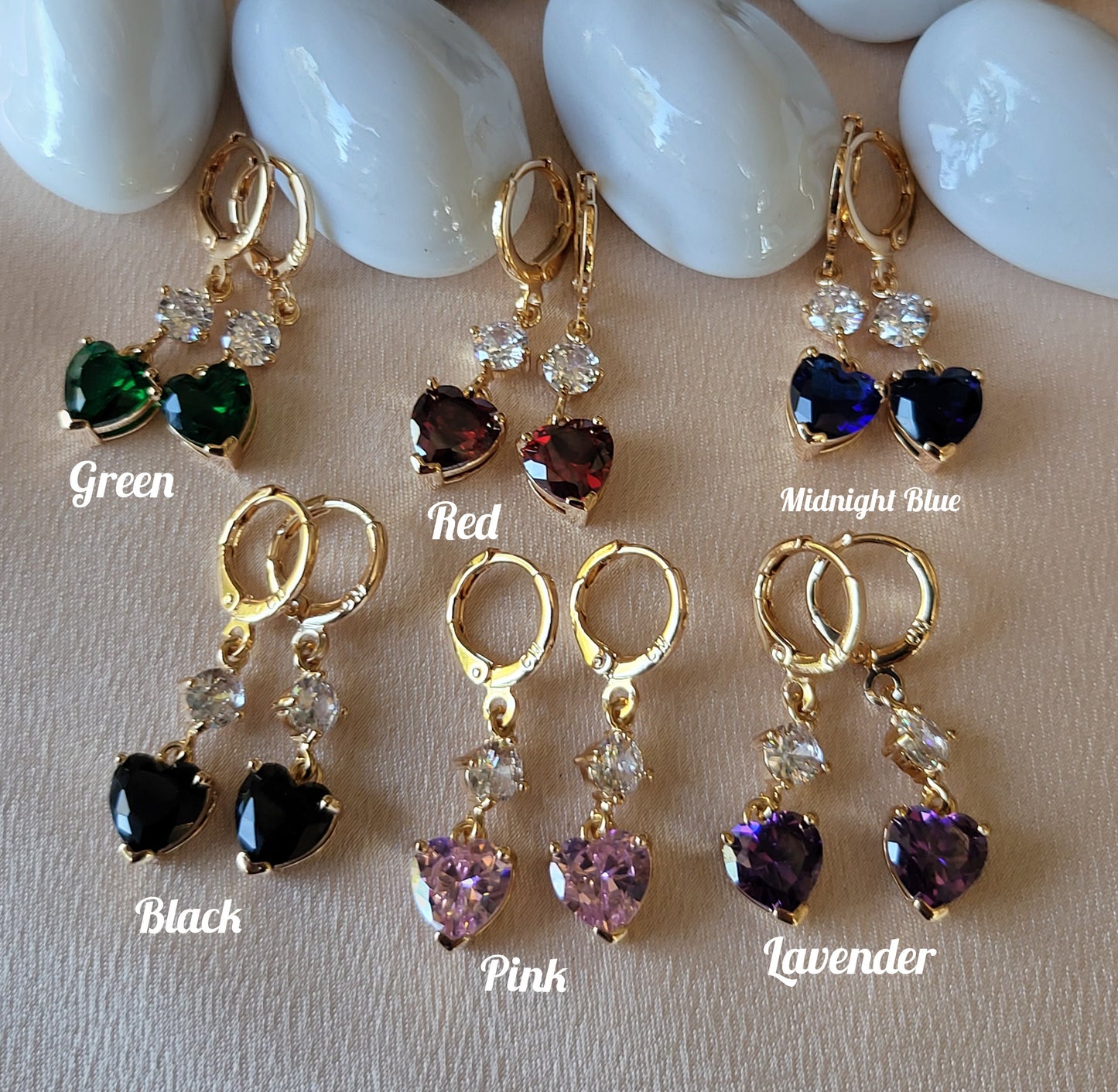 Gold Filled Heart Earrings Red, Emerald Green, Lavender , Black WATERPROOF ,Gift For Her.