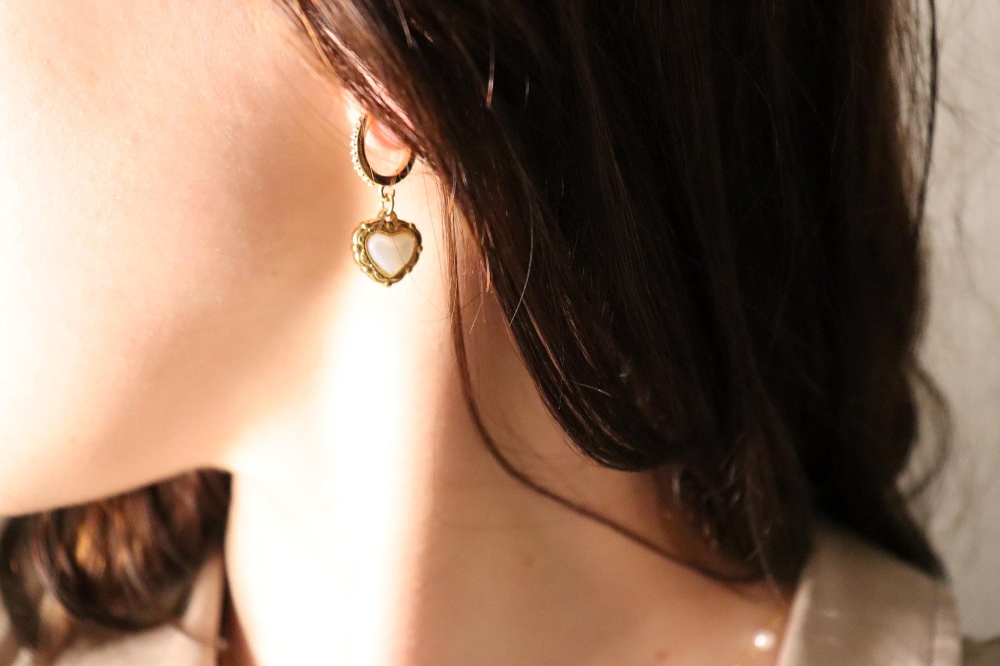 Silver Mother of Pearl Heart Necklace ,Waterproof Adjustable Chains, Love Earrings .