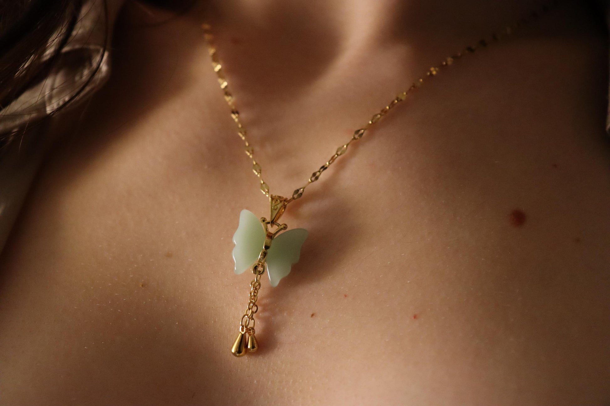 Gold Filled Butterfly Jade Earrings, WATERPROOF Jade Necklace, Gifts for Her.