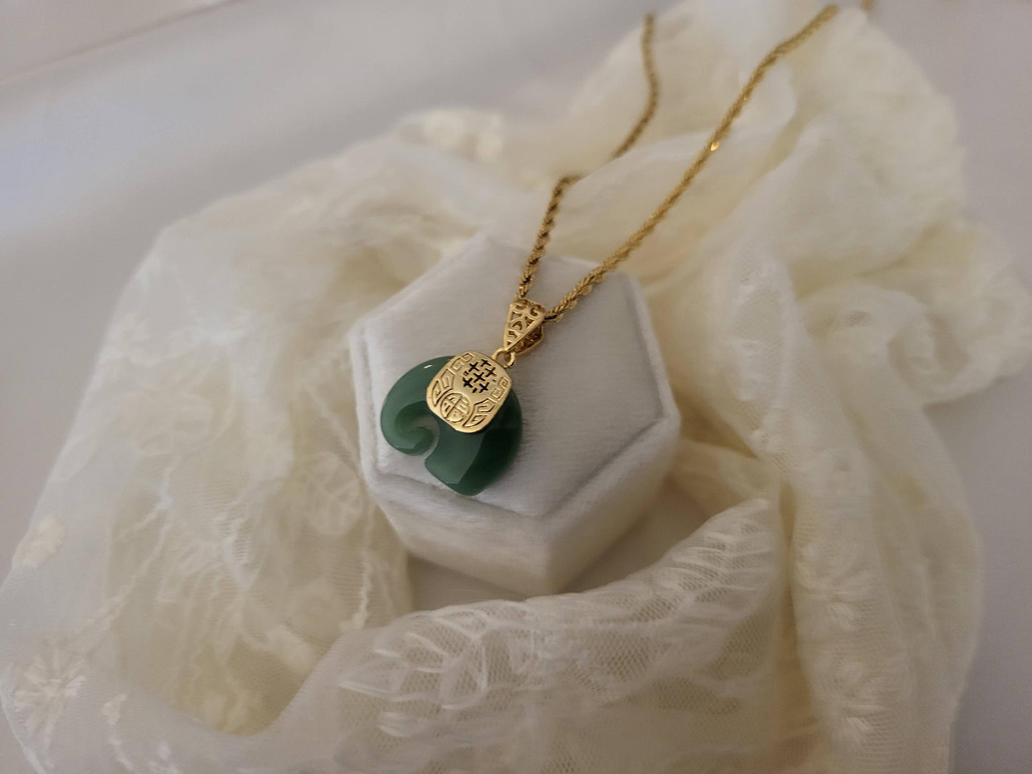 Gold Filled Green-White Natural Elephant Jade Necklace, WATERPROOF Adjustable Chains.