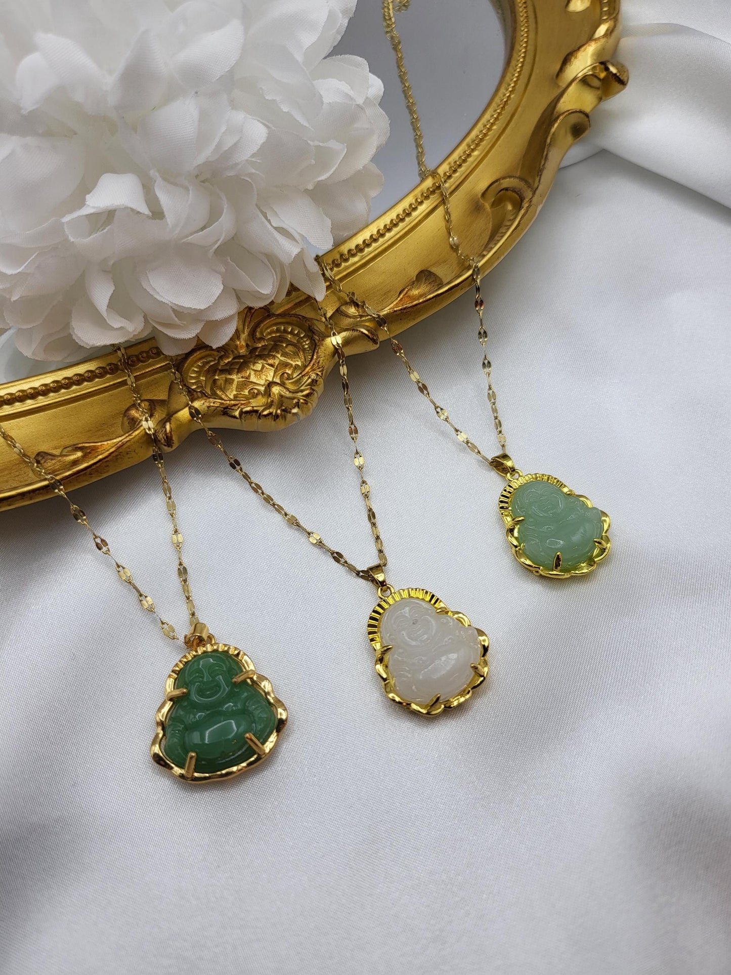 Gold Filled Minimalist Jade Buddha Necklace, WATERPROOF Adjustable Chains, Protection Necklace.