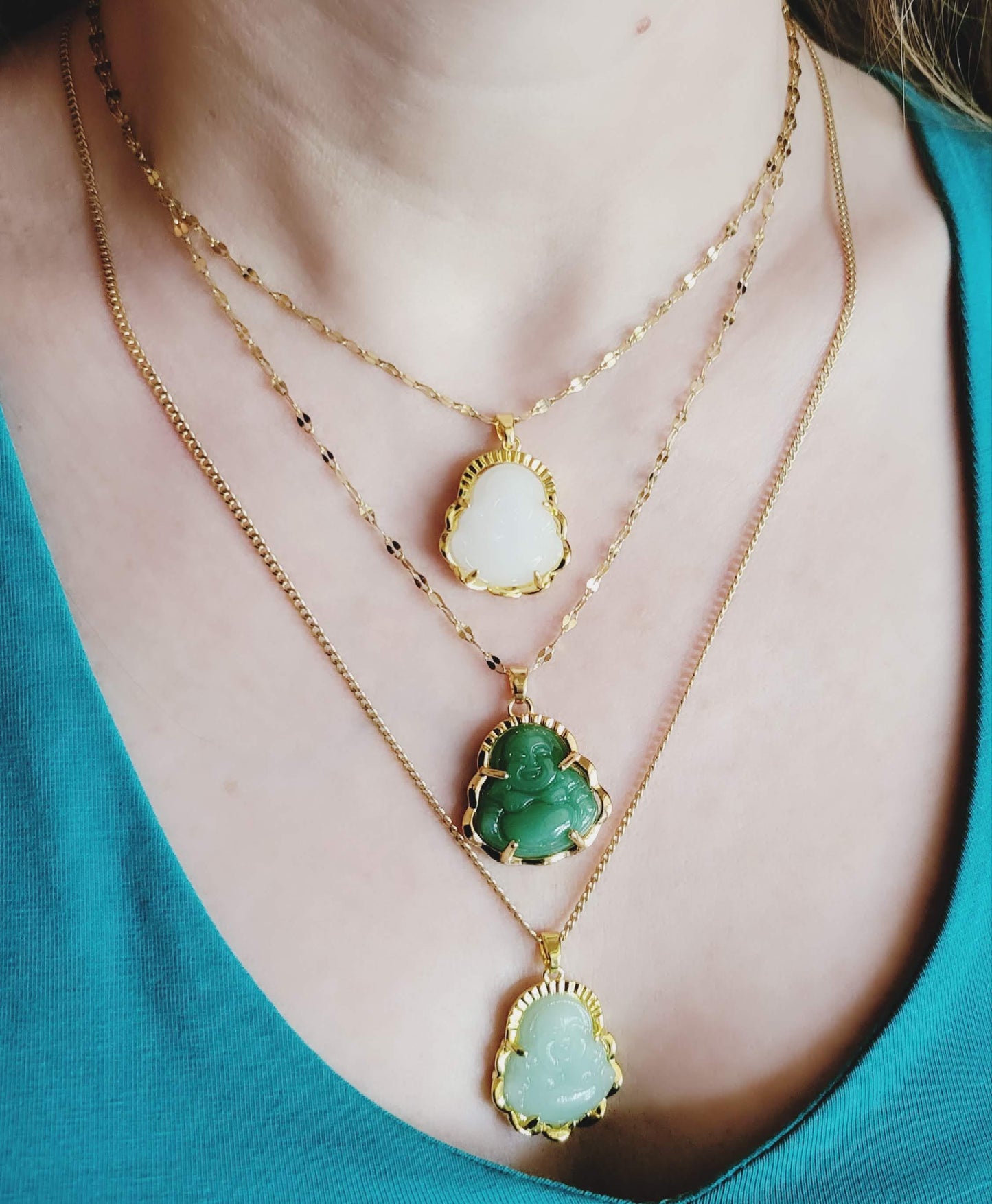 Gold Filled Minimalist Jade Buddha Necklace, WATERPROOF Adjustable Chains, Protection Necklace.