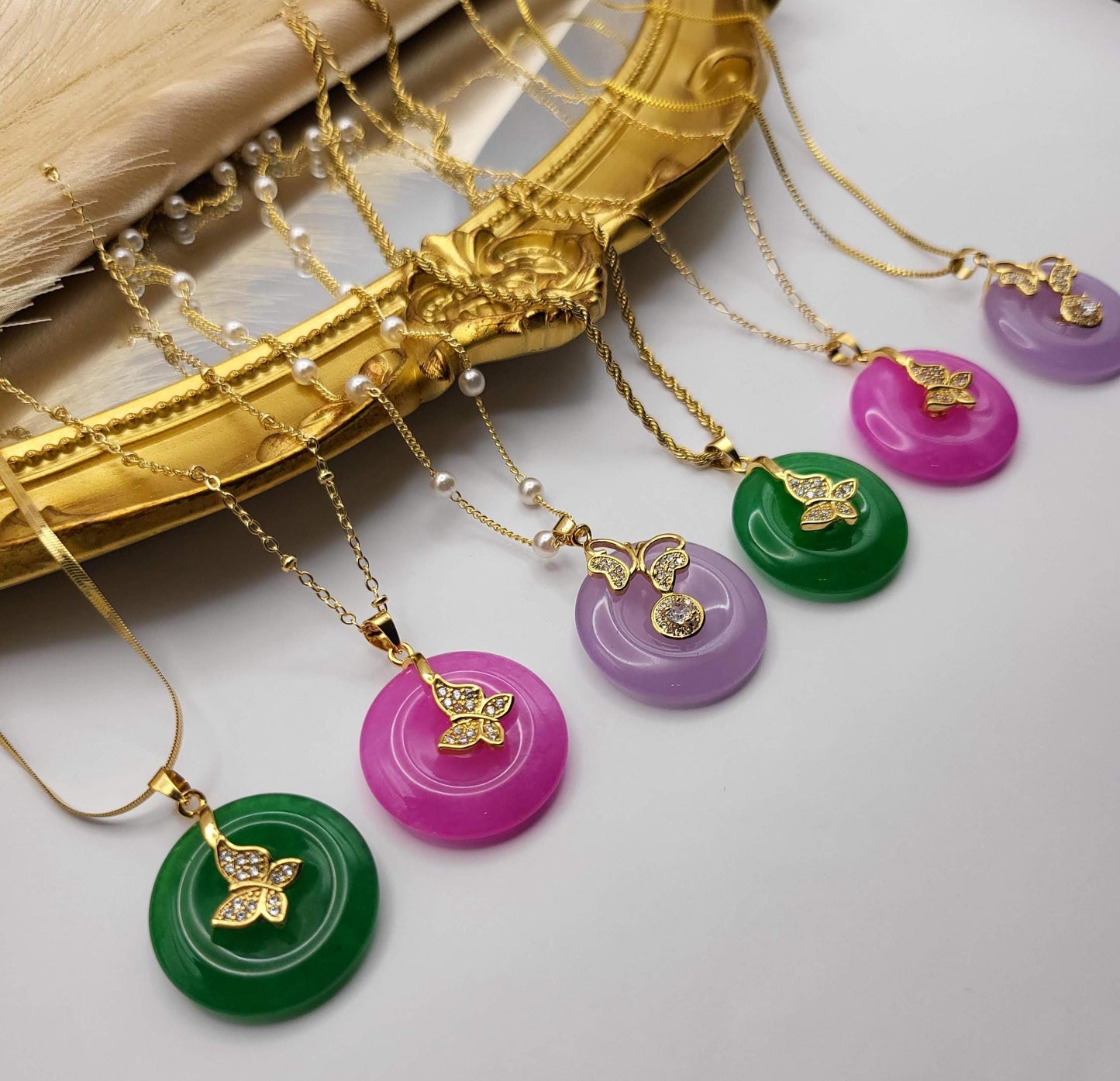 Gold Filled Natural Jade Necklaces, Good Luck And Peace Pendant, WATERPROOF Adjustable Chains.