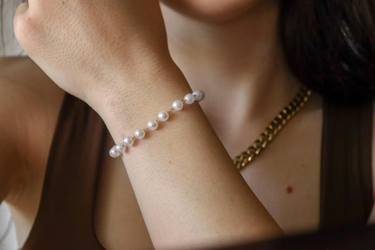 Gold Filled White Round Pearl Bracelet, Waterproof.