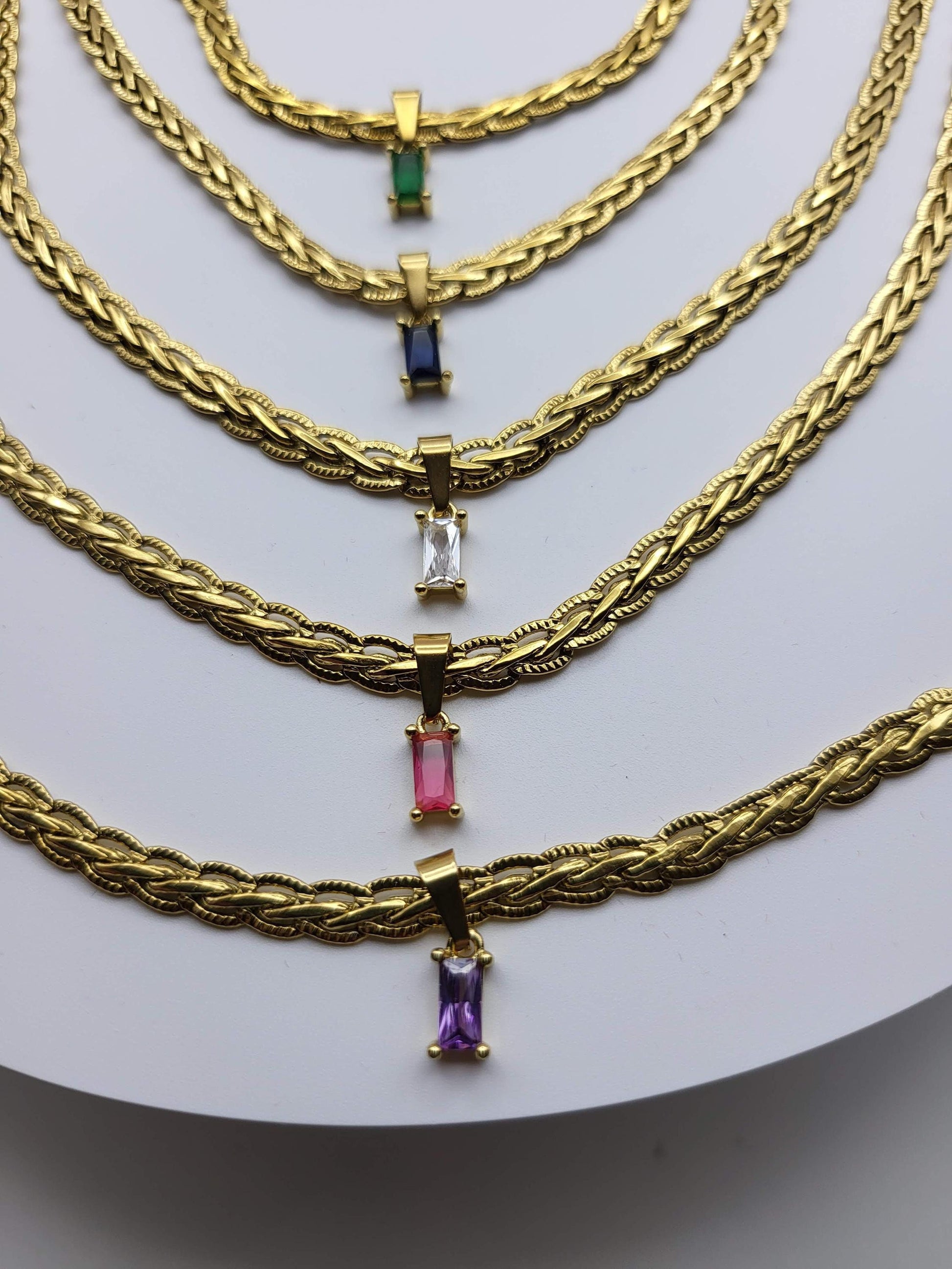 Gold Filled Snake Chain Necklace,Square Zircon Pendant Necklace,WATERPROOF.